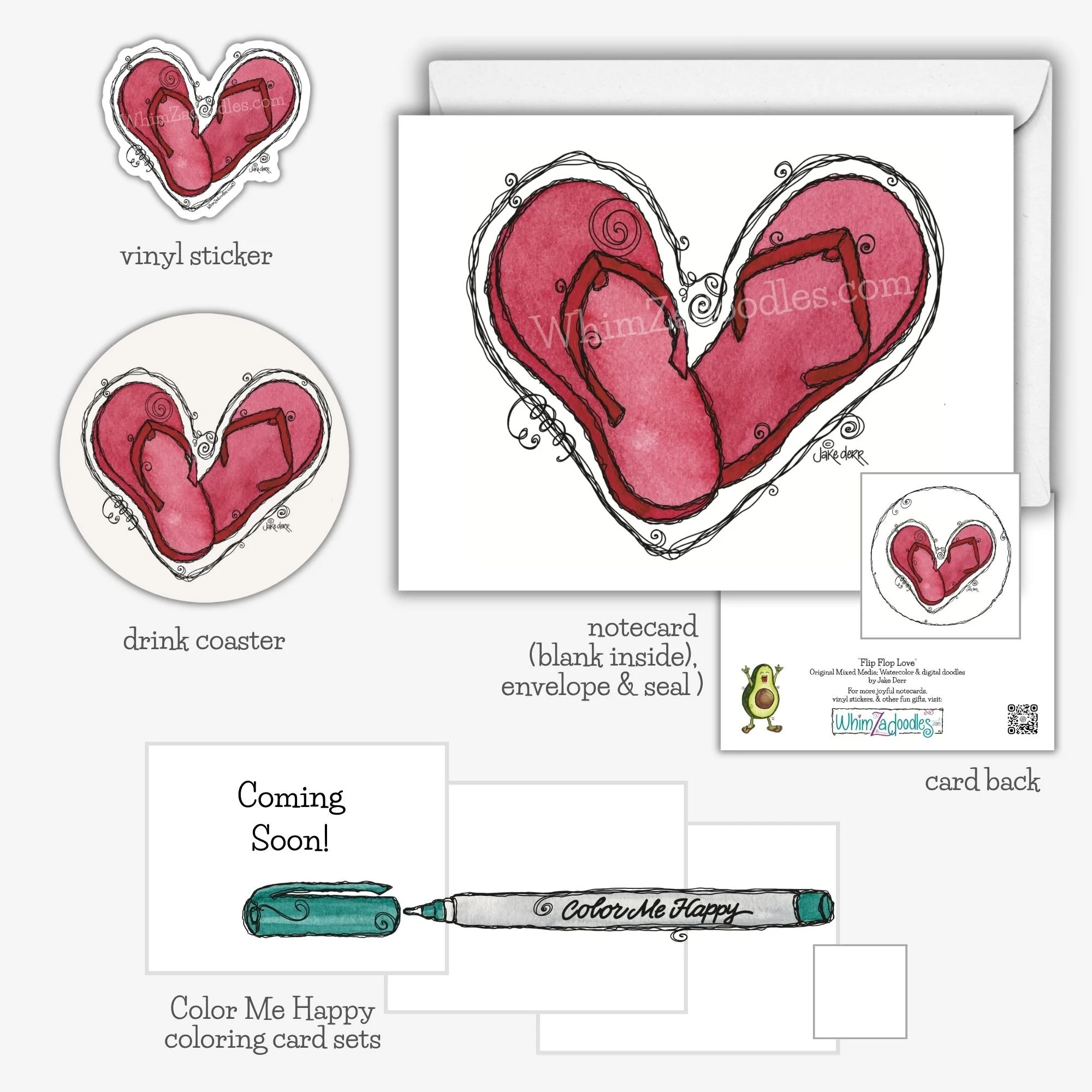 Colorful Flip Flop Love watercolor artwork featured on whimsical summer gift items including cards, stickers, coasters, and envelope seals.