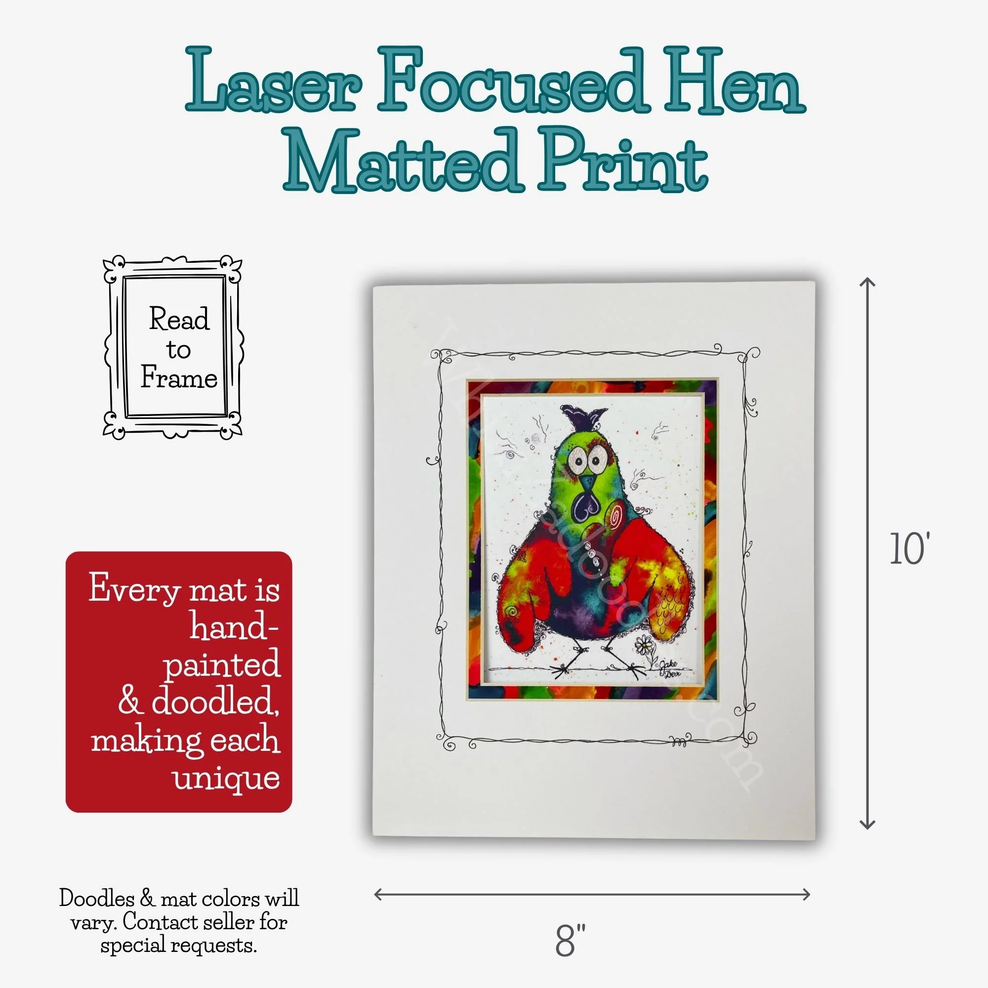 Laser Focused Hen vertical watercolor art with dimensions, custom hand-painted and doodled mat, ready to place in a frame.