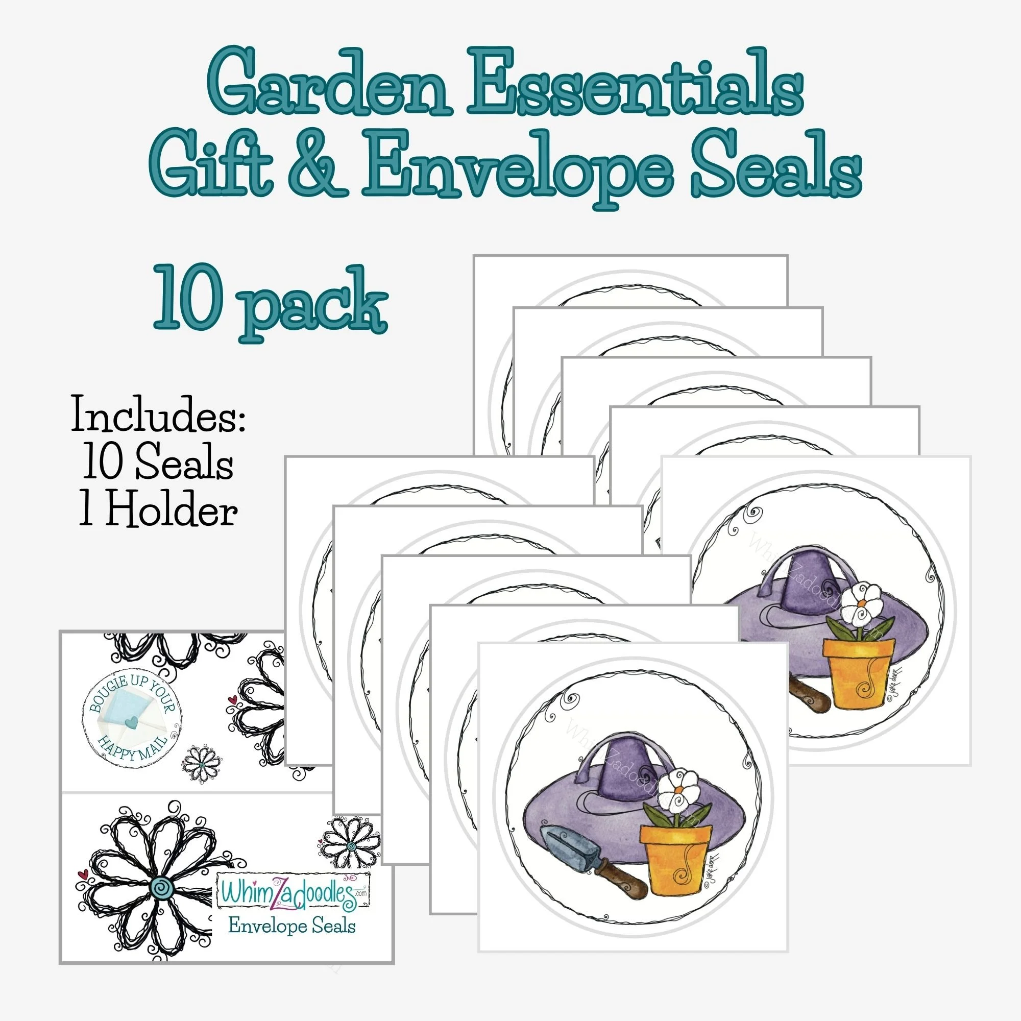 Ten Garden Essentials envelope seal stickers with garden hat, trowel, and flower design, ideal for journaling, gifts, and plant lovers