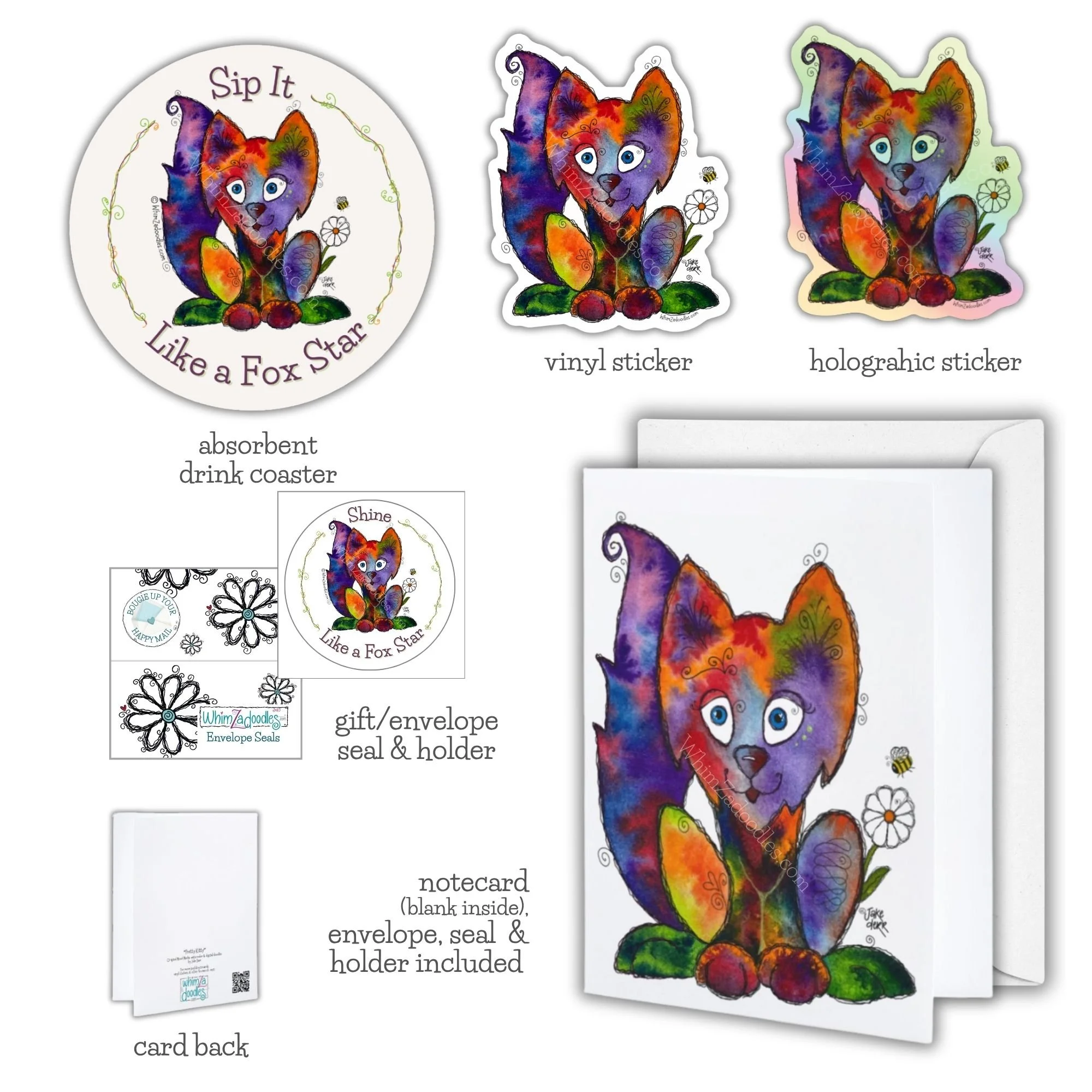 Whimsical Autumn Splendor Fox artwork featured on notecards, vinyl and holographic stickers, drink coasters, and envelope seals arranged as a coordinated giftable collection