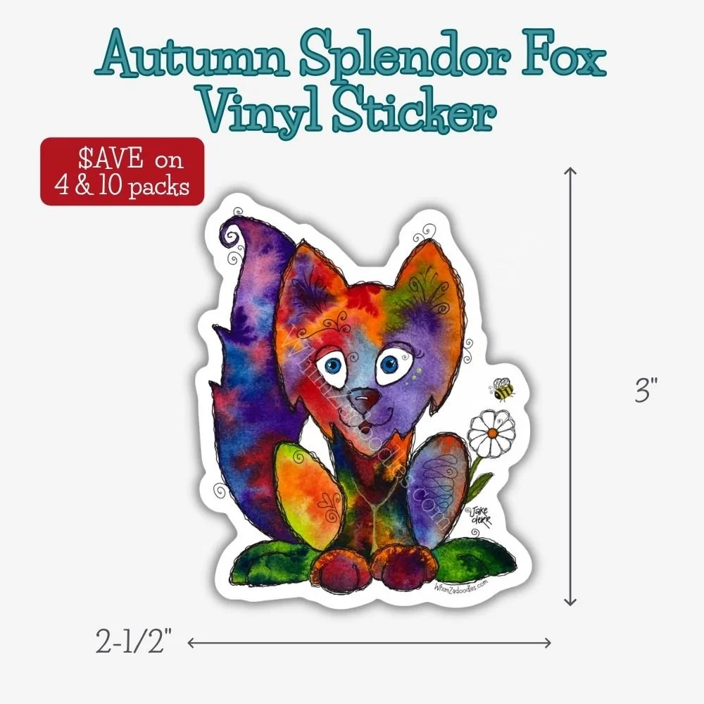Durable waterproof vinyl sticker featuring Autumn Splendor Fox watercolor artwork. A fun gift for fox lovers, journal decorating, laptops, and water bottles.