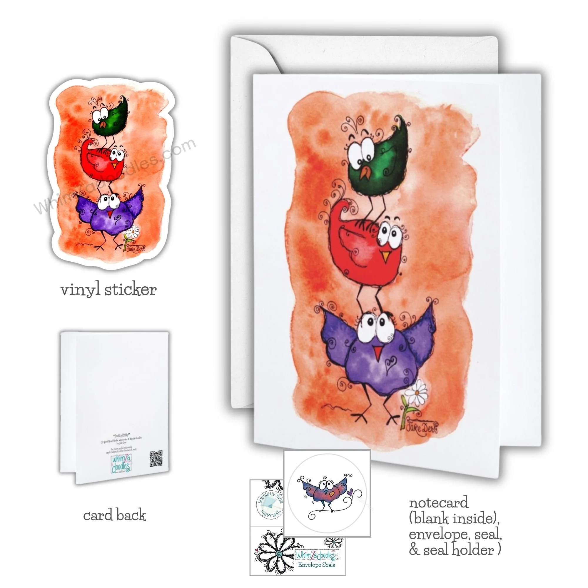 Teamwork Trio design featured on notecards and vinyl stickers with colorful birds lifting one another up