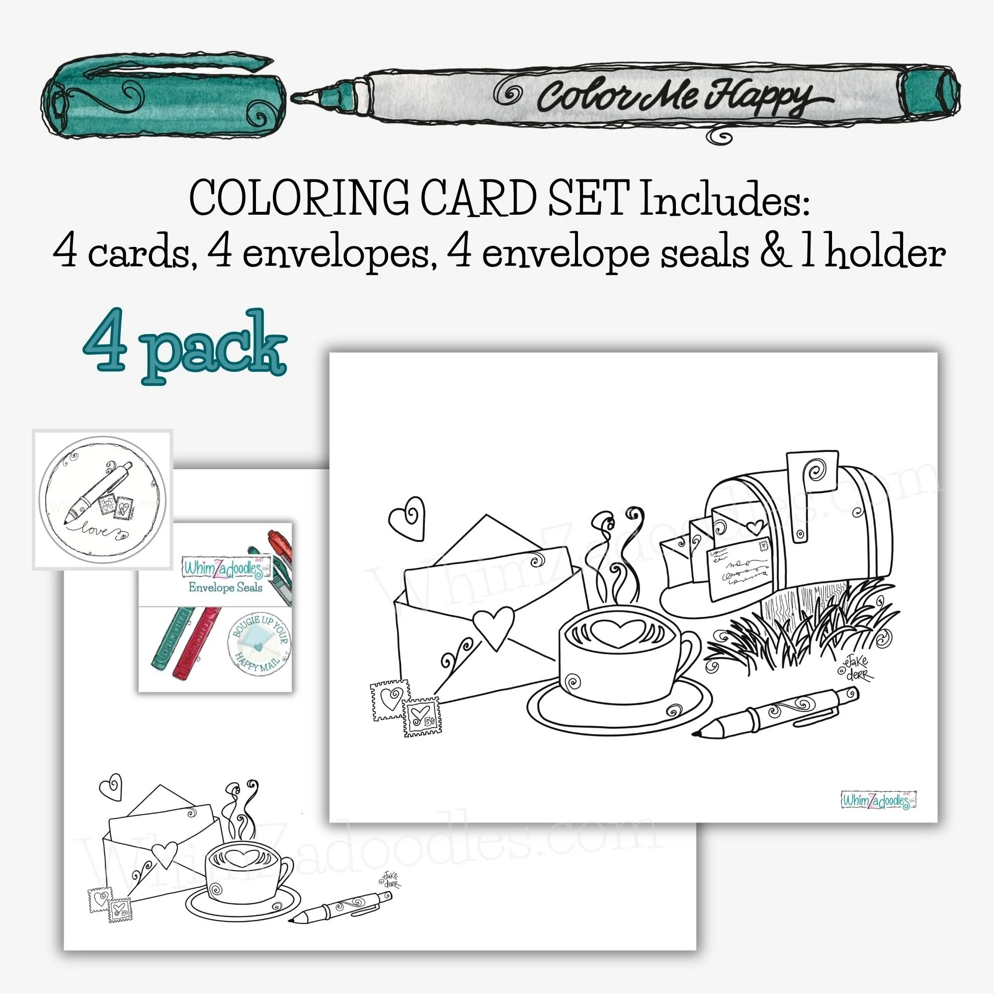 Set of four color me happy cards with matching envelopes and seals arranged for gifting or sharing