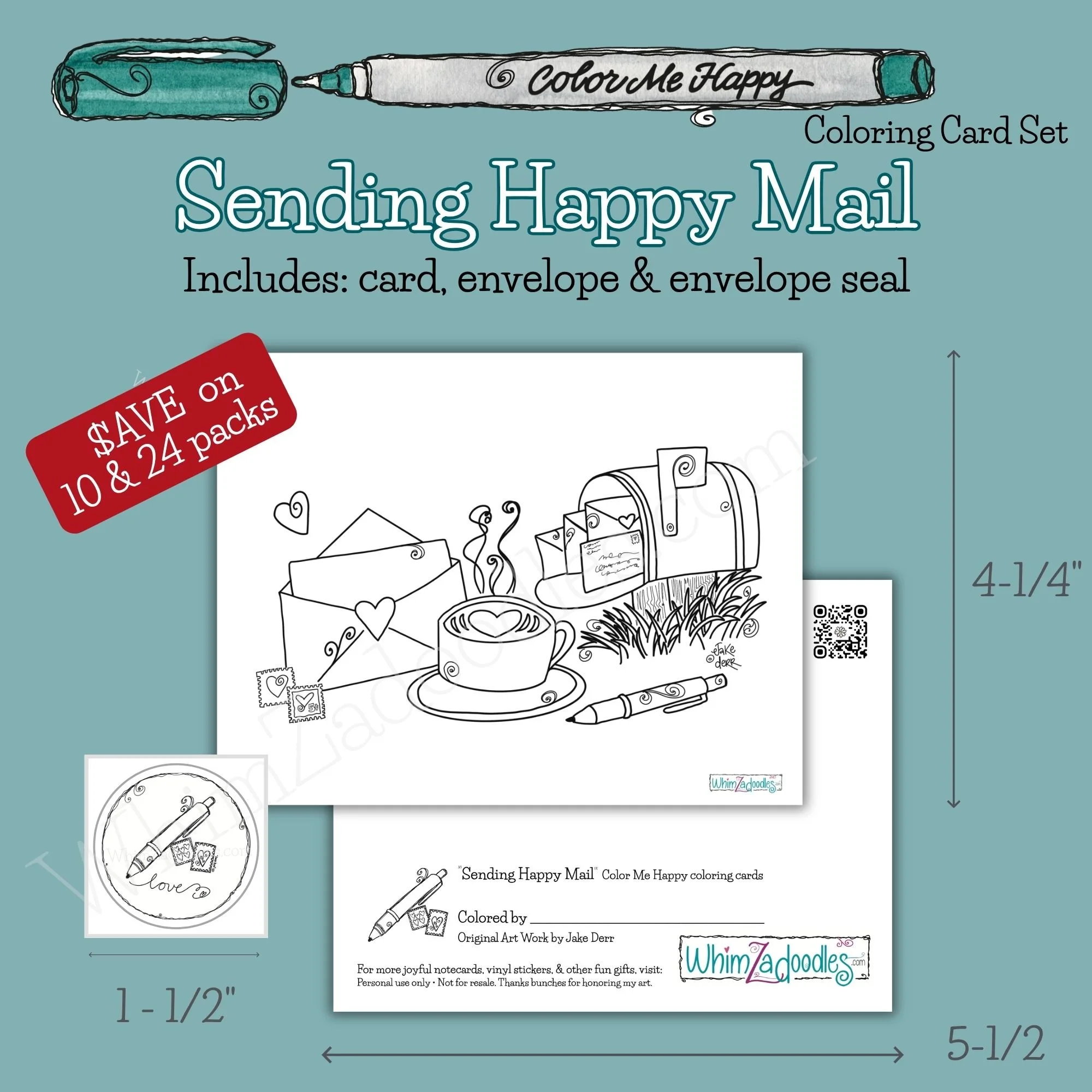 Color Me Happy coloring card set with coordinating colorable envelope and matching seal featuring whimsical Happy Mail artwork.