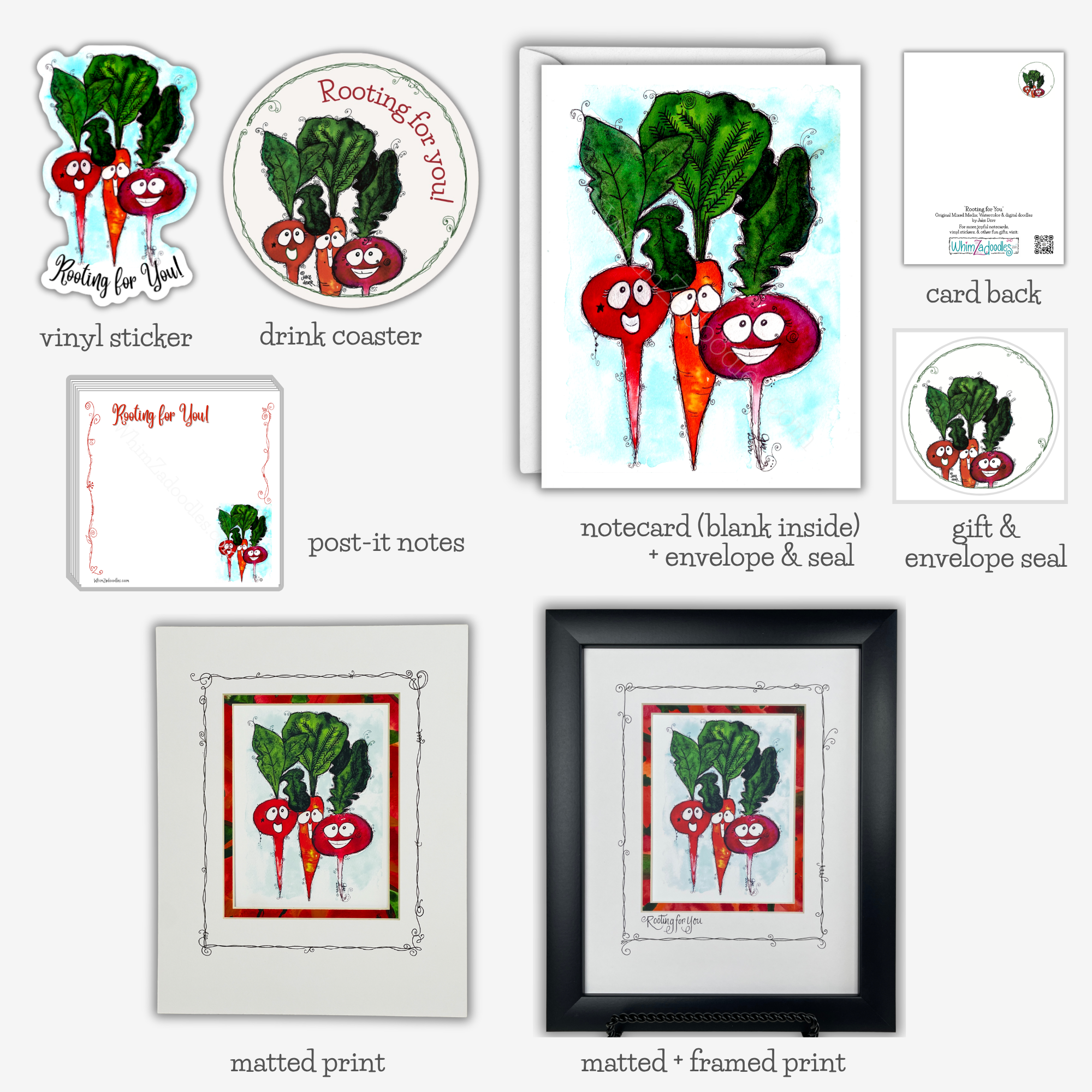 Rooting for You watercolor collection featuring three cheerful root vegetables in colorful cards, stickers, gifts and Happy Mail favorites.