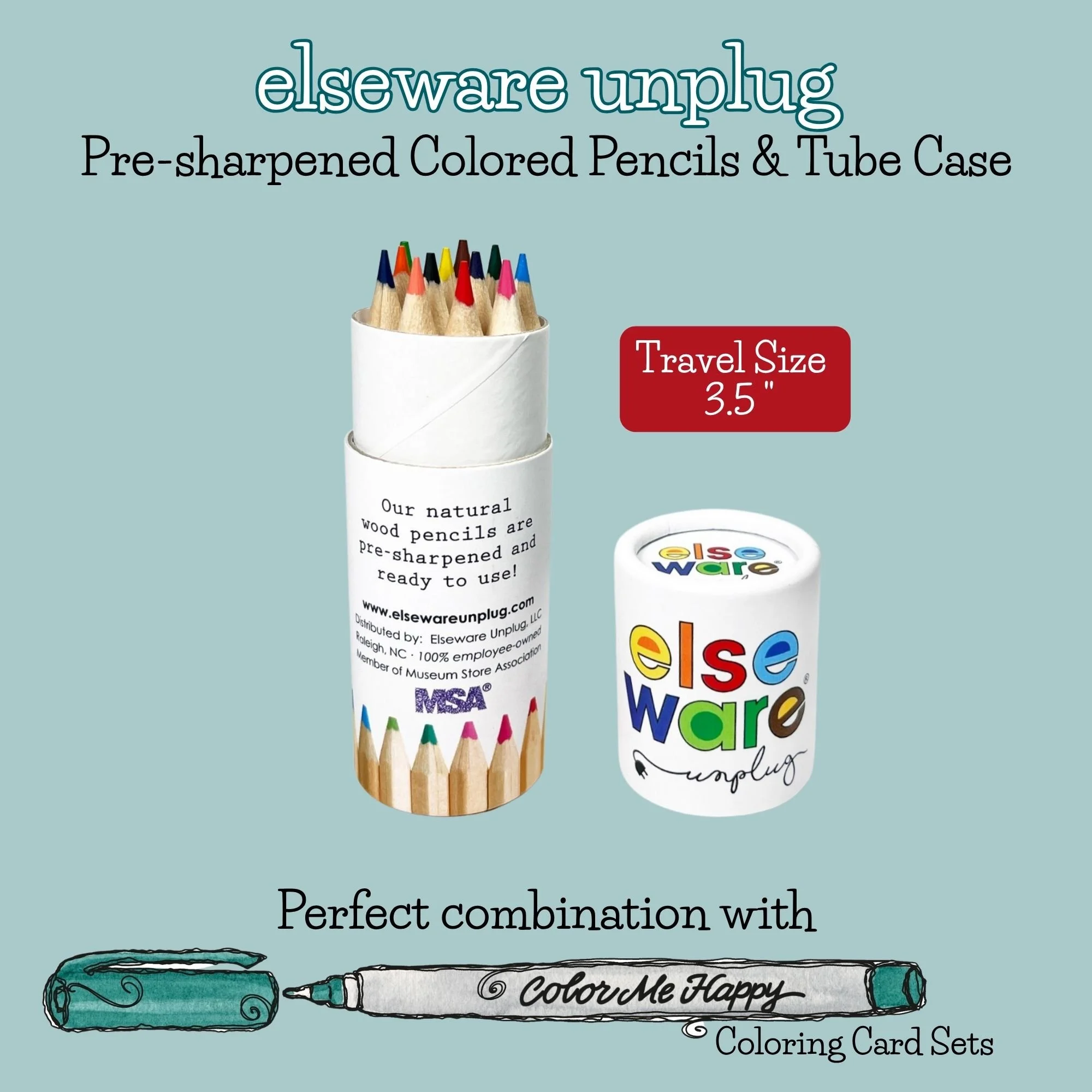 Compact 3.5-inch colored pencils stored inside a recyclable cardboard travel tube.