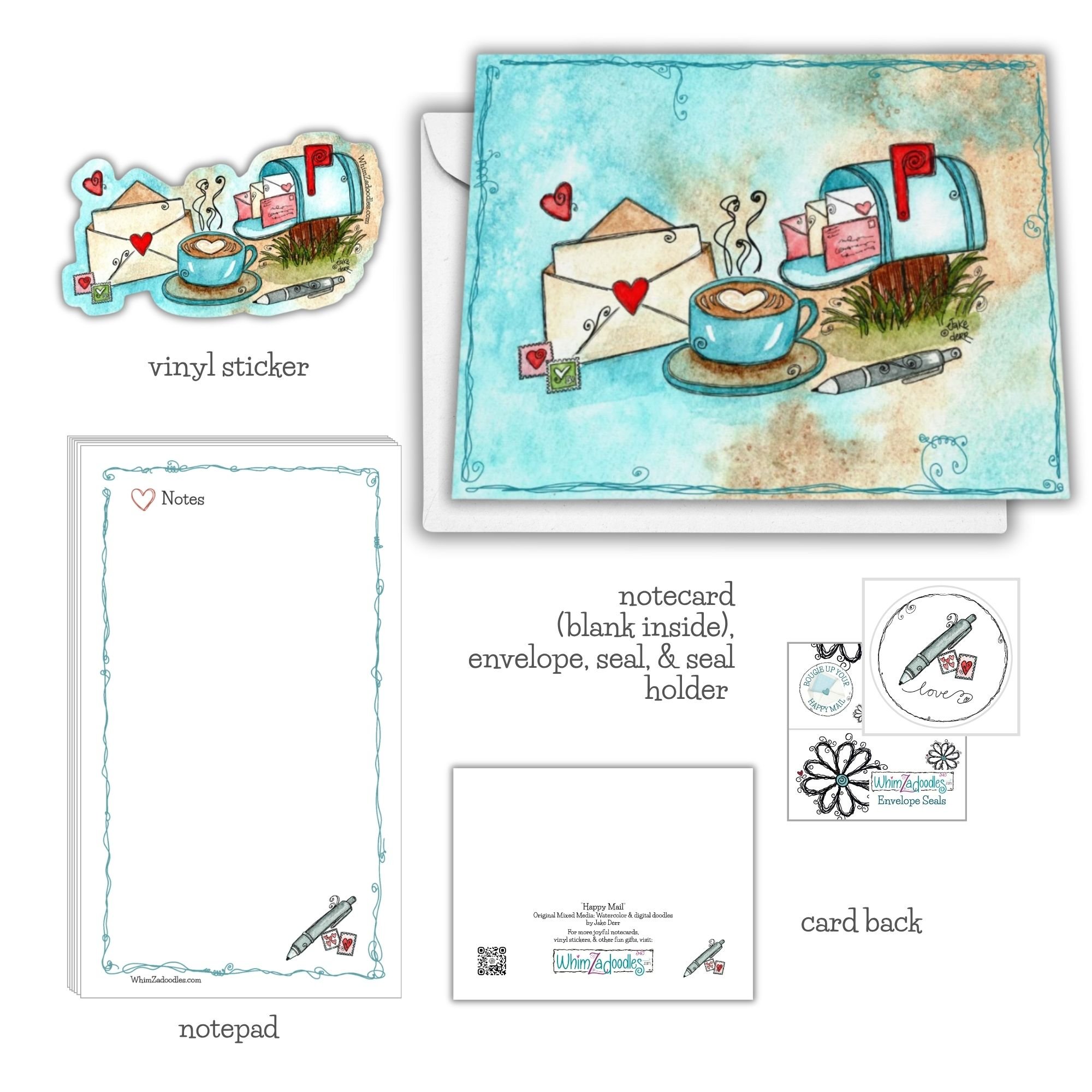 Colorful Happy Mail collection with illustrated notecards, stickers, and envelope seals arranged together in a joyful stationery set