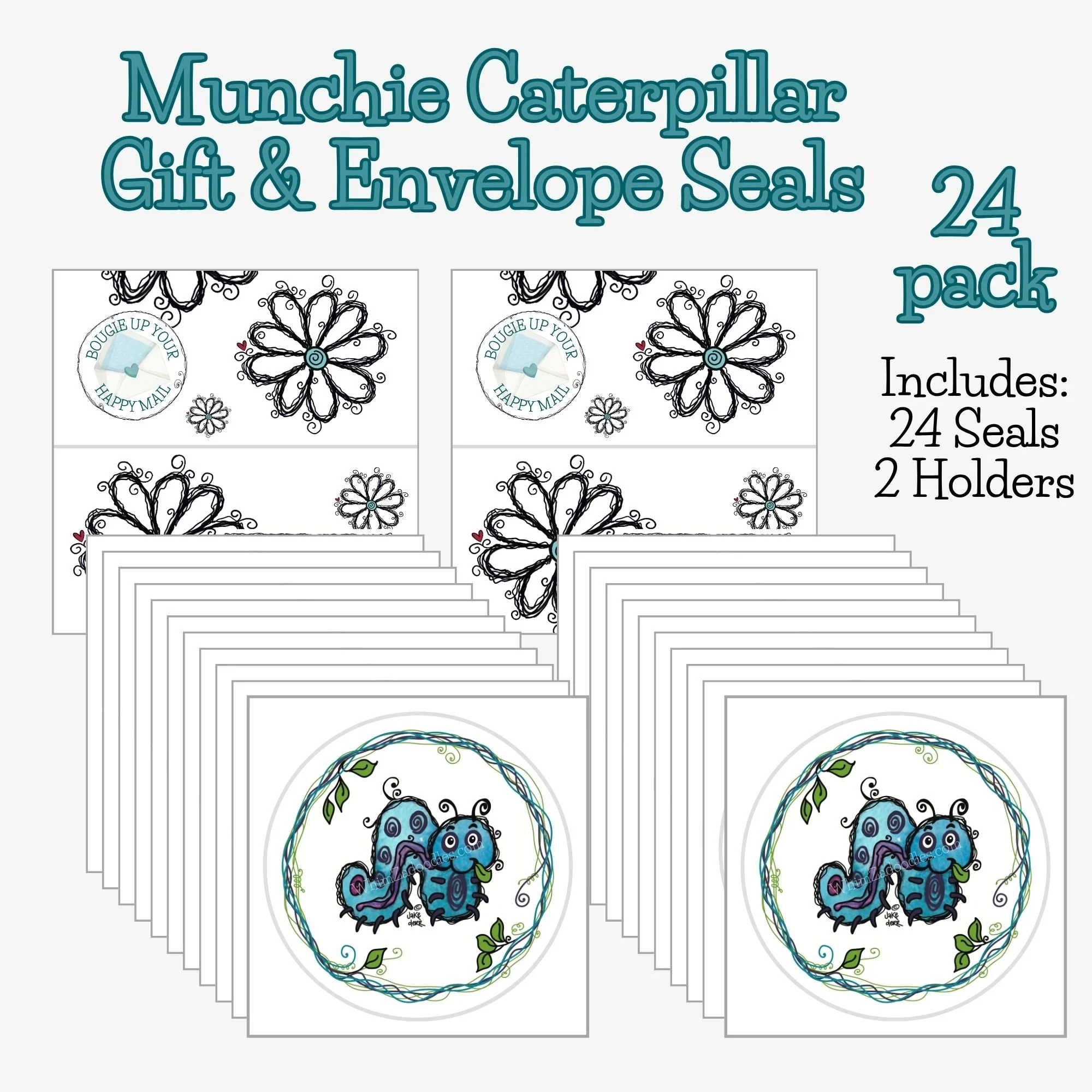 Twenty-four Munchie caterpillar envelope seals in bulk with smiling leaf-eating character and vine circle design, great for packaging, planners, and notes