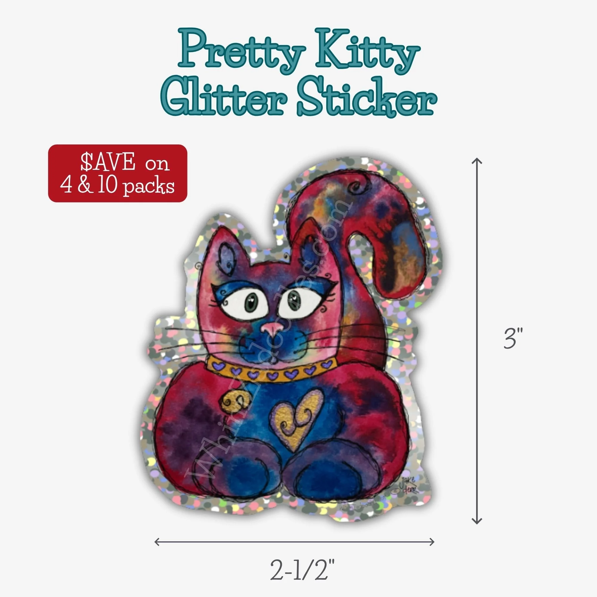 Sparkling glitter sticker featuring Pretty Kitty watercolor cat artwork with colorful details and cheerful charm.
