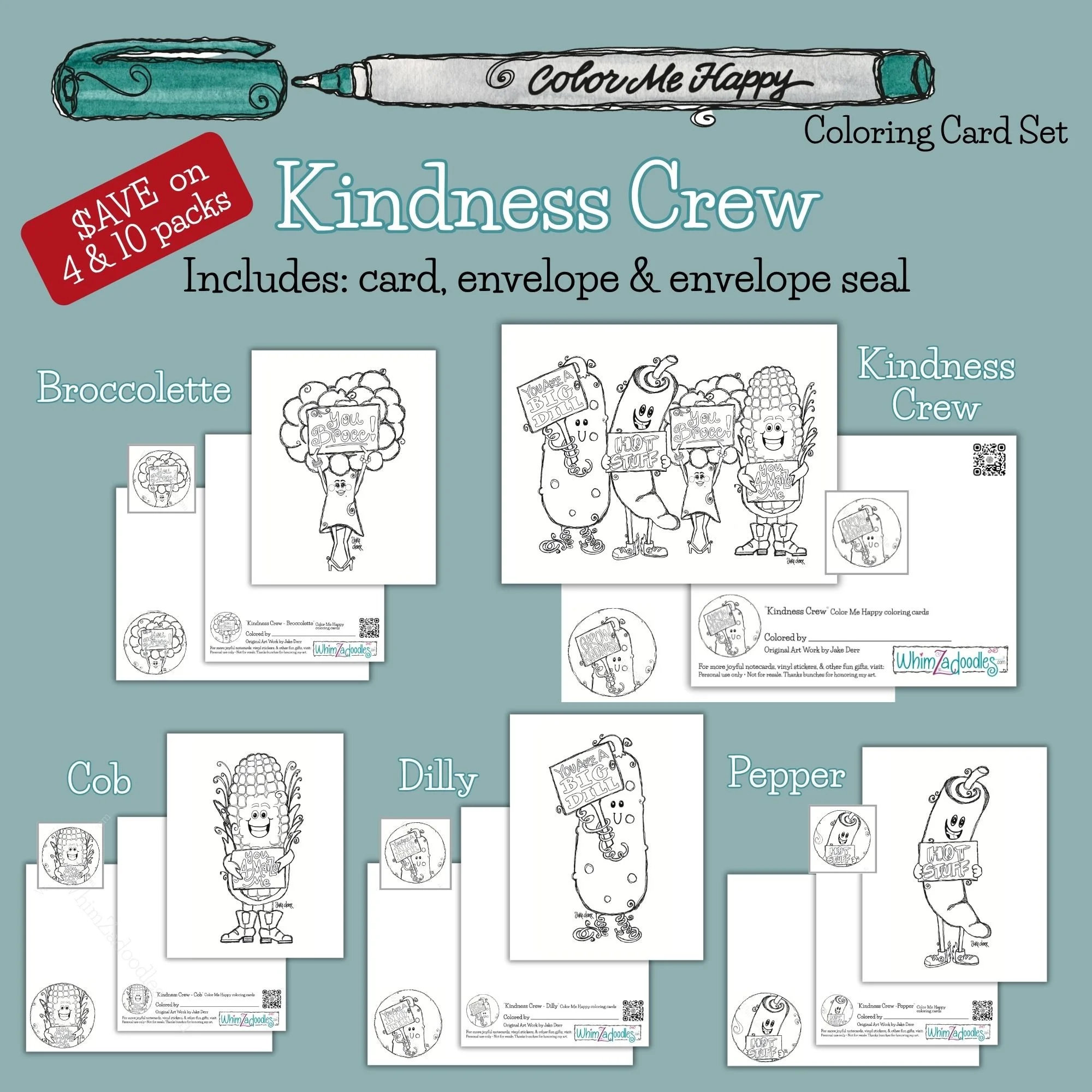 Color Me Happy coloring card collection featuring Dilly the cucumber, Broccolette the broccoli, Cob the corn, and Pepper the chili pepper with matching colorable envelopes and seals.