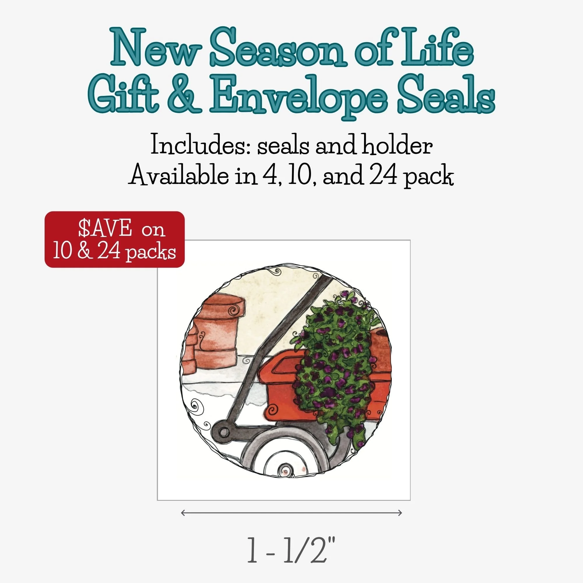 Round envelope and gift seal featuring a watercolor red wagon filled with flourishing plants, perfect for encouragement cards, gifts, and happy mail.