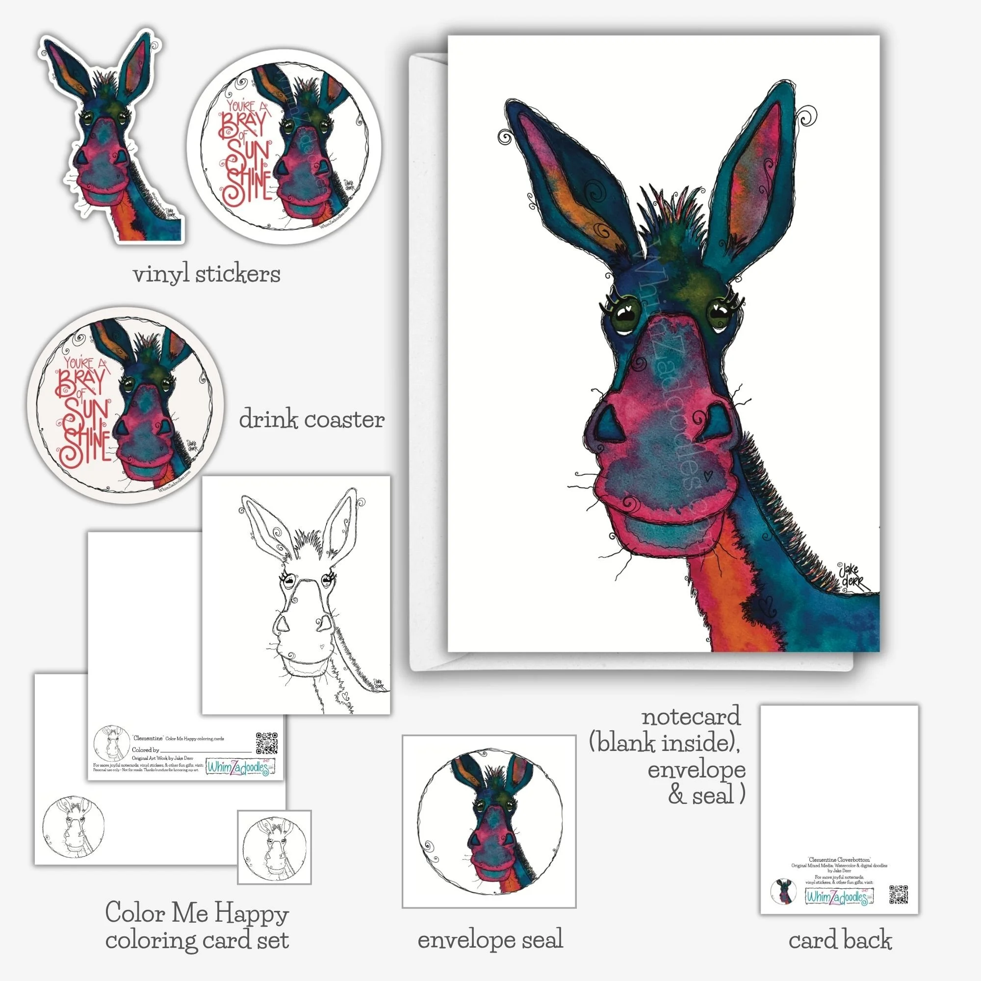 Whimsical Clementine Cloverbottom donkey gift collection featuring colorful notecards, stickers, drink coasters, envelope seals, and Color Me Happy coloring products.
