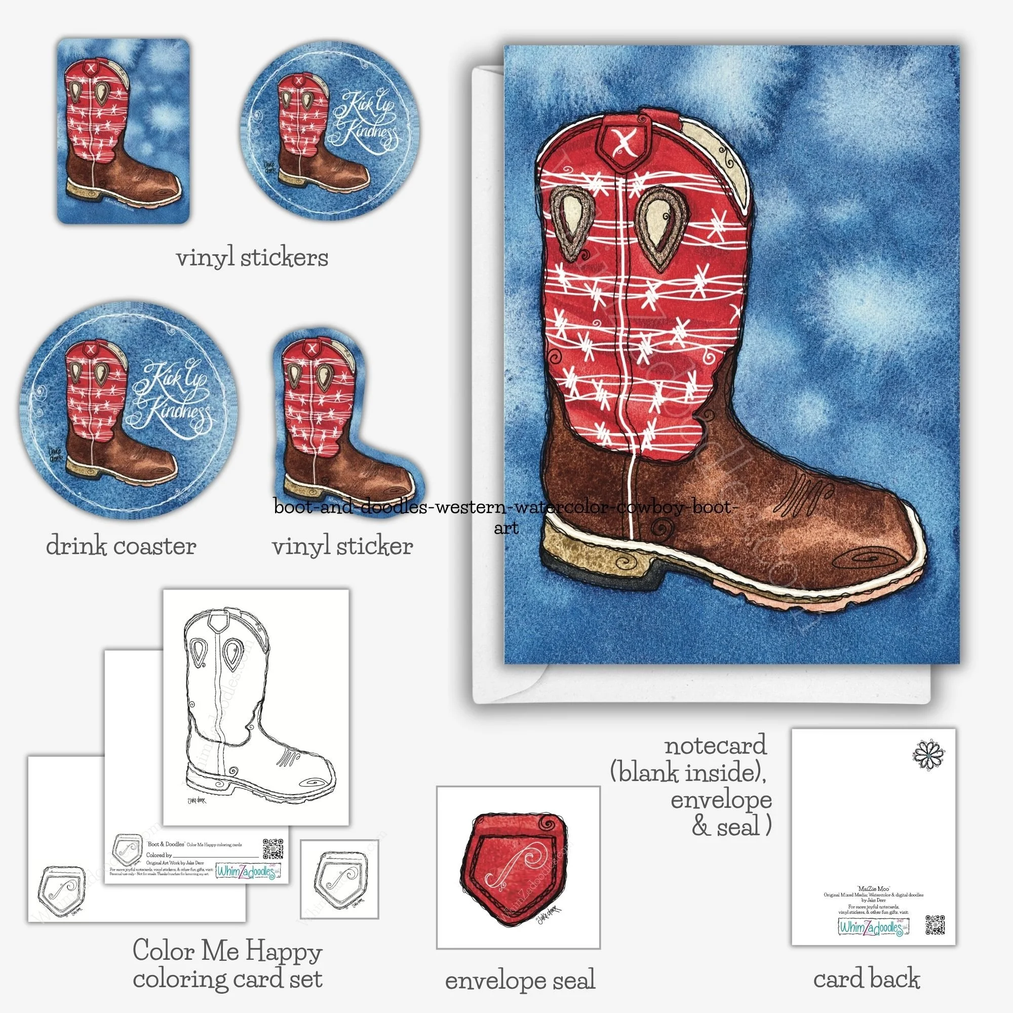 Whimsical western watercolor boot collection featuring coordinating stickers, notecards, drink coasters, envelope seals, and Color Me Happy coloring products.