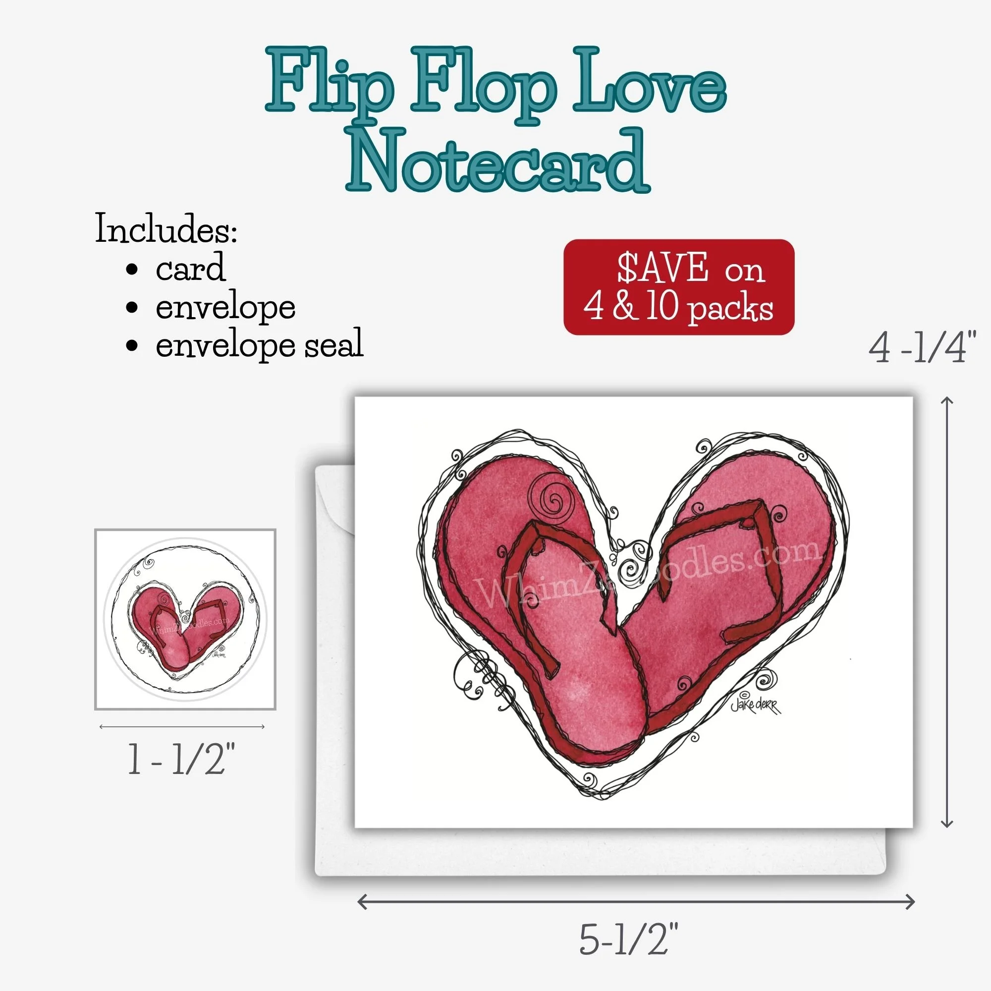 Whimsical Flip Flop Love notecard featuring watercolor flip flops arranged in the shape of a heart with playful doodled details.