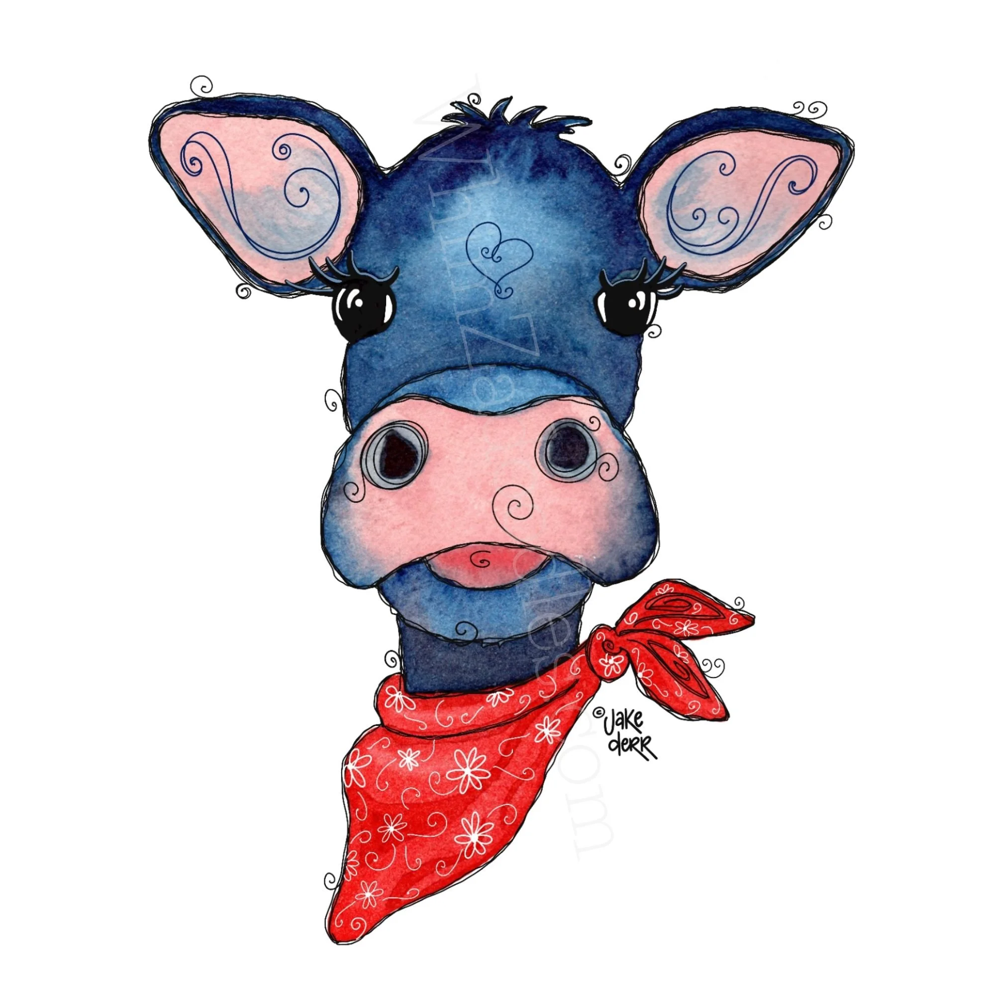 Whimsical blue watercolor calf with curly doodle details, rosy pink snout, expressive eyes, and a red floral bandana on a soft gray background.