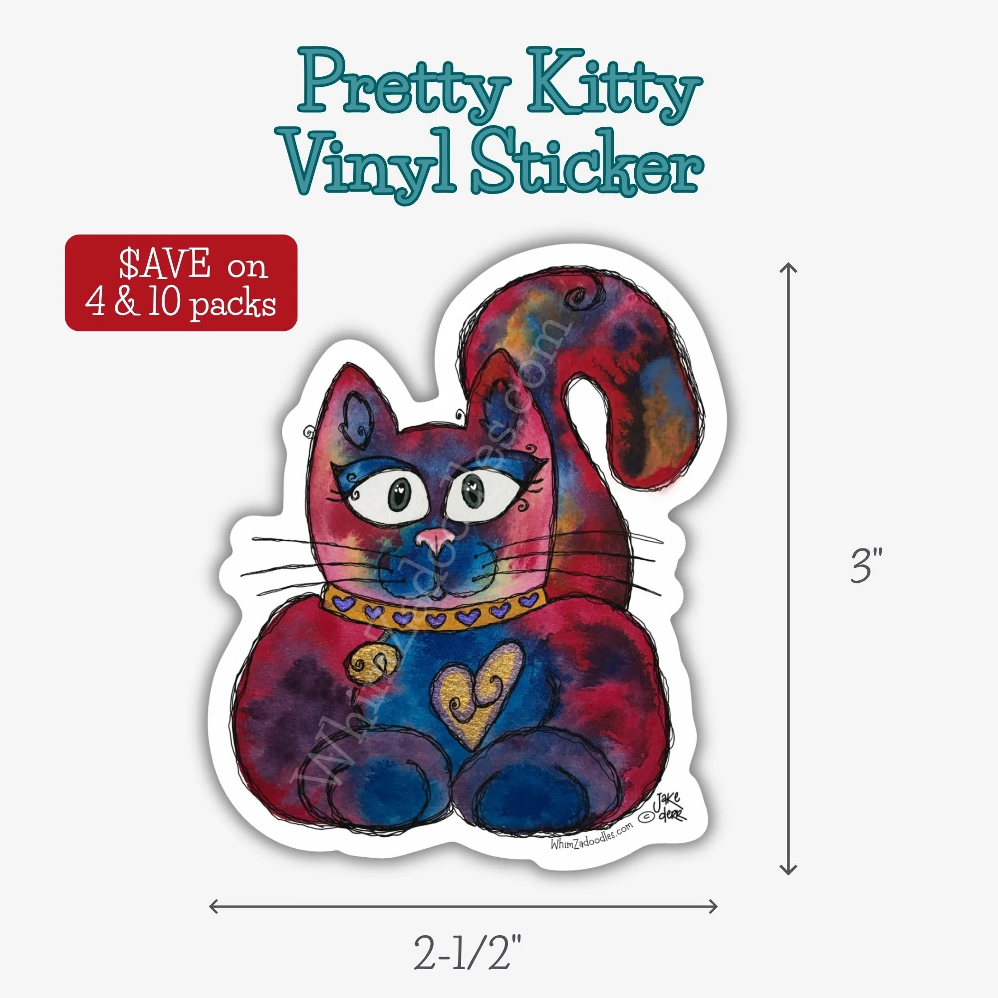 Durable waterproof vinyl sticker featuring Pretty Kitty, a colorful watercolor cat with a heartwarming personality.