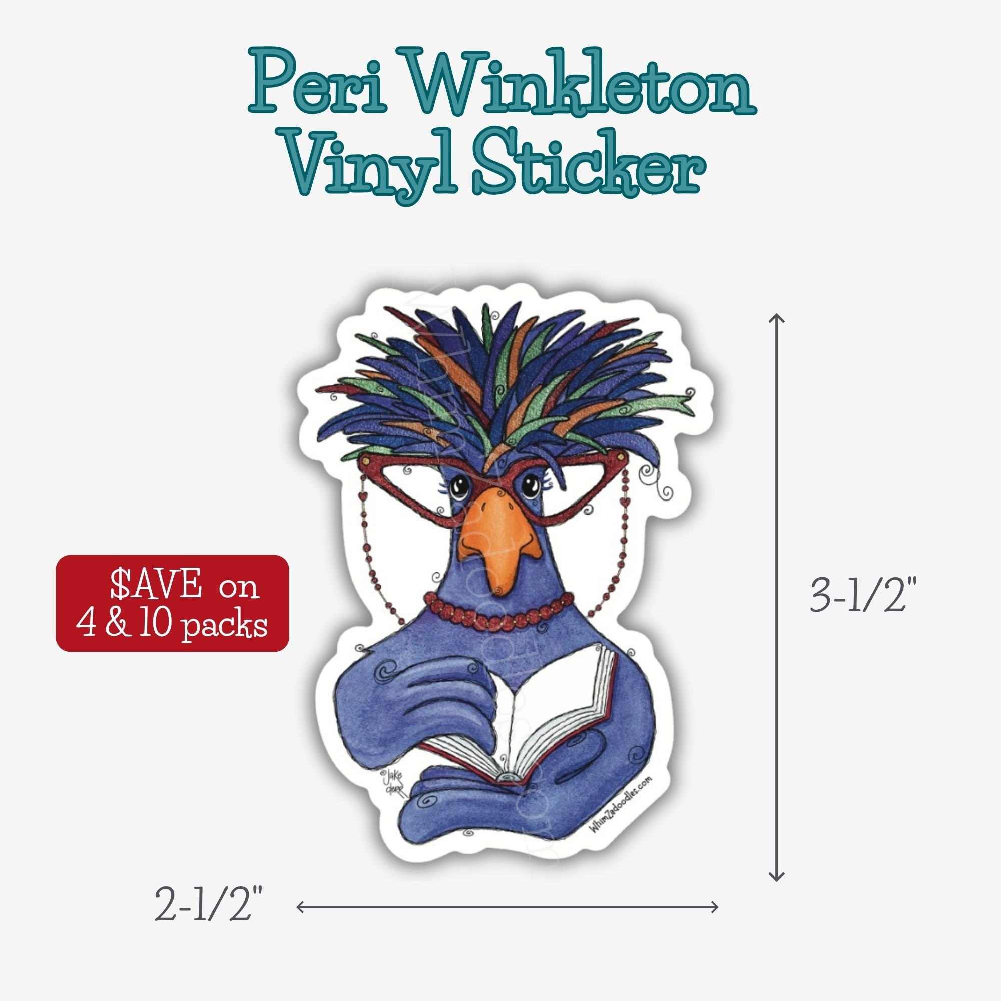 Die cut vinyl sticker of Peri Winkleton, a colorful Polish crested chicken with dramatic feathers, red glasses, and an open book.
