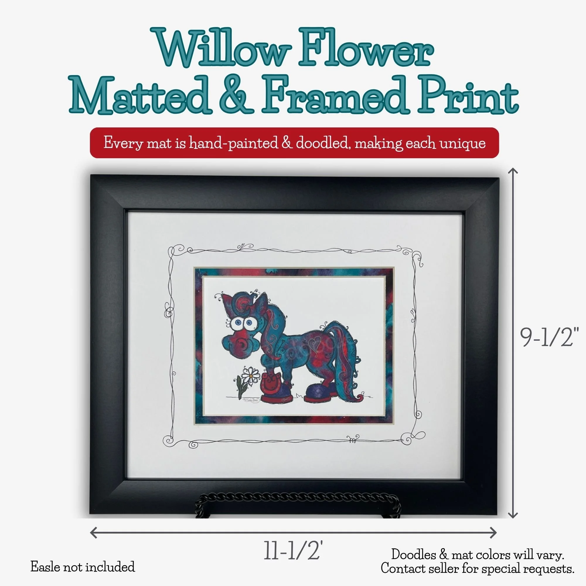 Framed and matted Clippity Clop horse art with dimensions, colorful hand-painted mat and decorative hand-doodled lines and swirls.