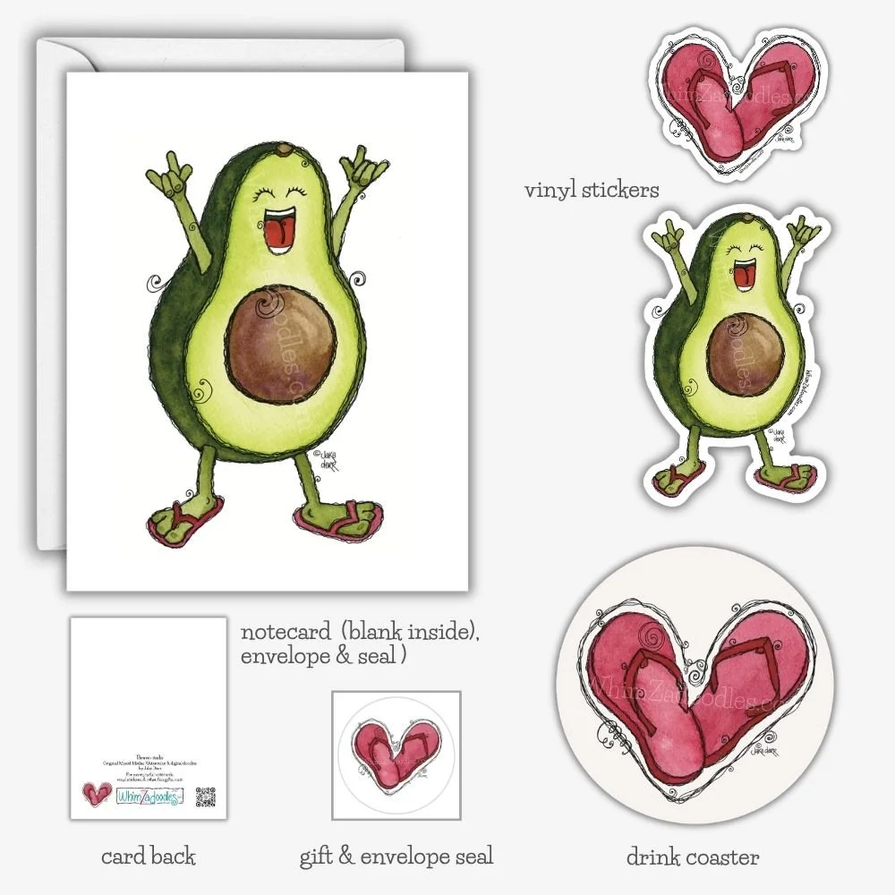 Collection of Bravocado watercolor avocado gifts including greeting cards, vinyl stickers, envelope seals and whimsical encouragement gifts by Jake Derr.