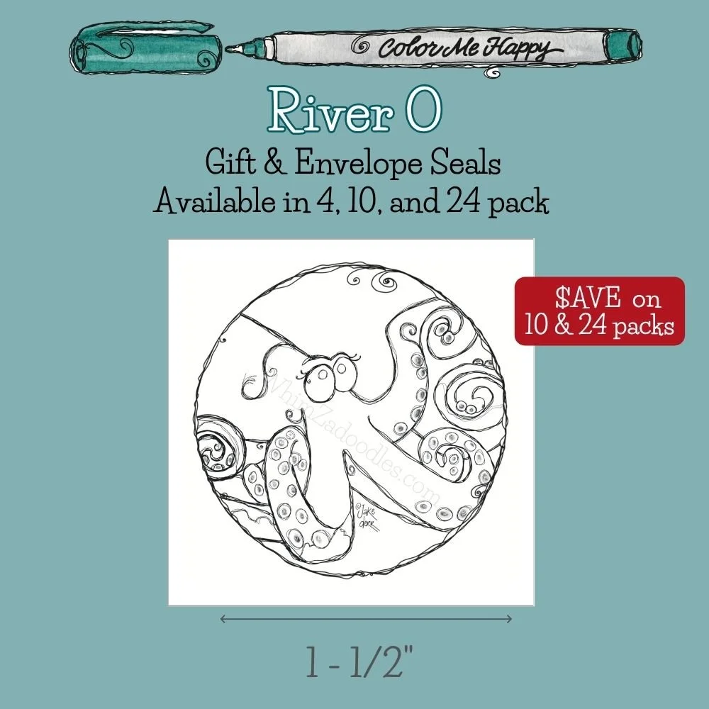 Color Me Happy River O octopus envelope seal featuring whimsical black-and-white artwork designed for coloring and personal creativity.