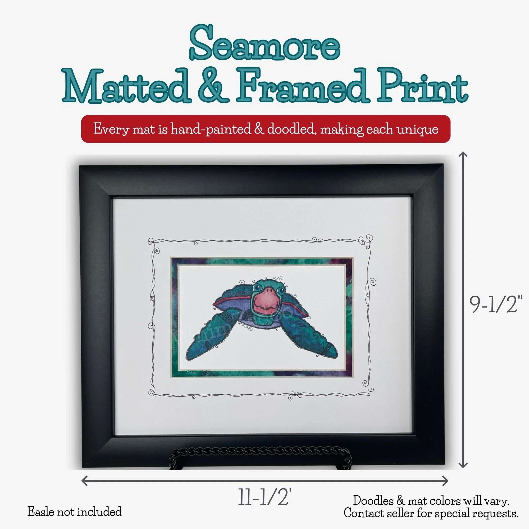 Matted and framed Seamore the Sea Turtle art with dimensions shown, featuring colorful ocean-inspired artwork and a hand-painted, hand-doodled mat.