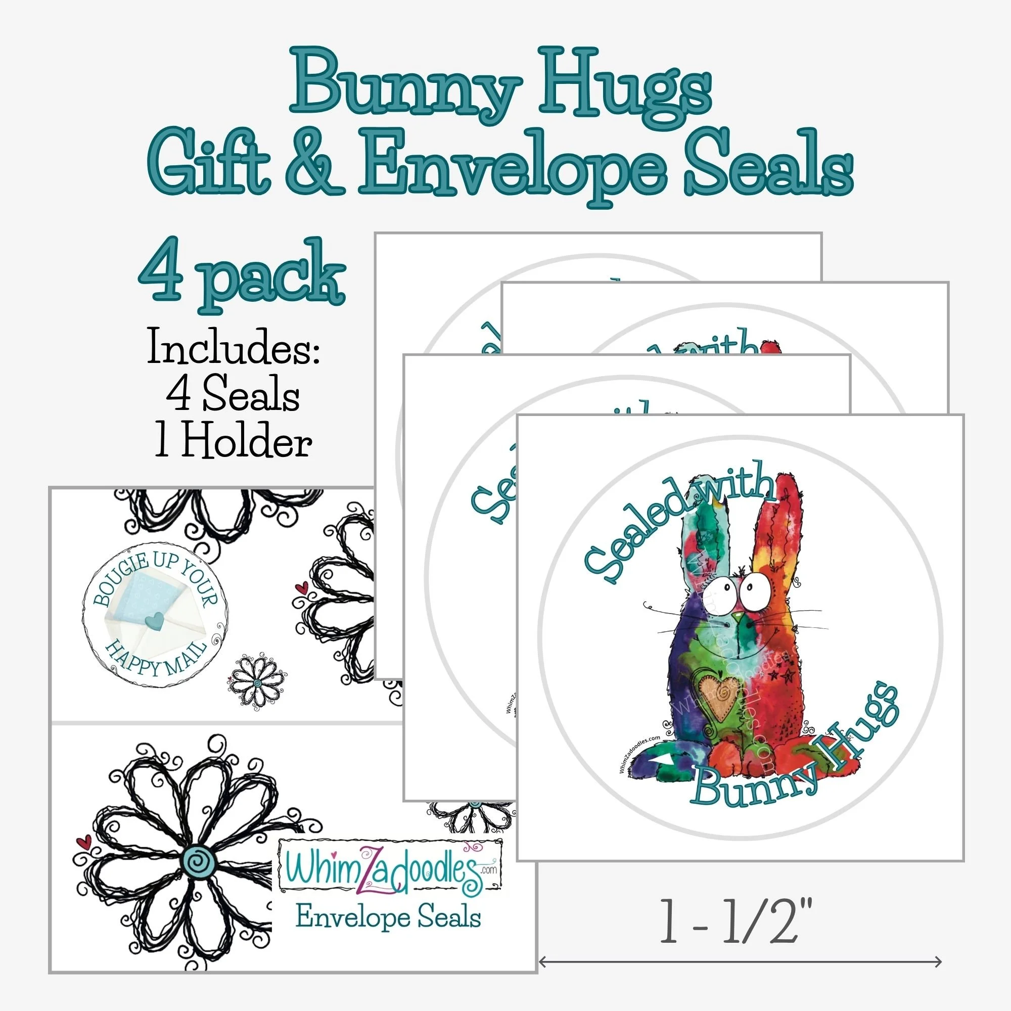 Set of four Bunny Hugs envelope seals with size reference, featuring whimsical rainbow bunny with heart detail