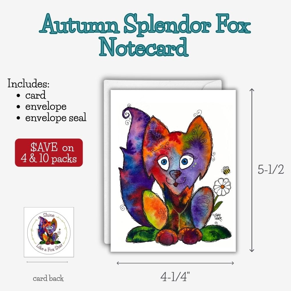 Blank premium notecard featuring Autumn Splendor Fox, a cheerful watercolor fox with whimsical doodle accents. Includes matching envelope and coordinating seal.