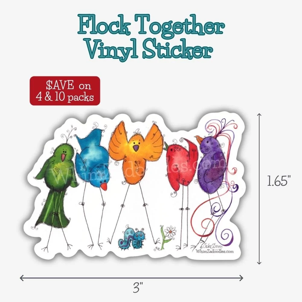 Waterproof vinyl sticker featuring five whimsical watercolor birds standing together with a tiny caterpillar, celebrating friendship, kindness, and belonging.