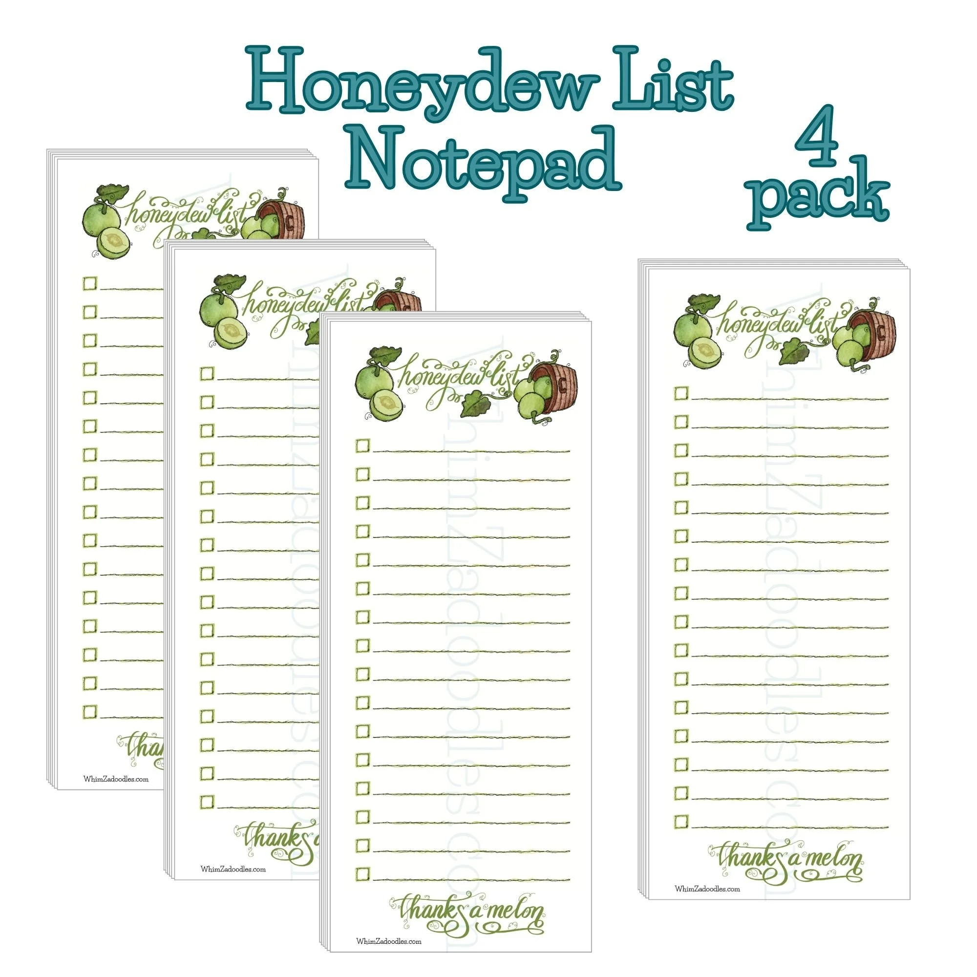 Set of four honeydew list notepads stacked slightly offset showing repeated cheerful honeydew melon design