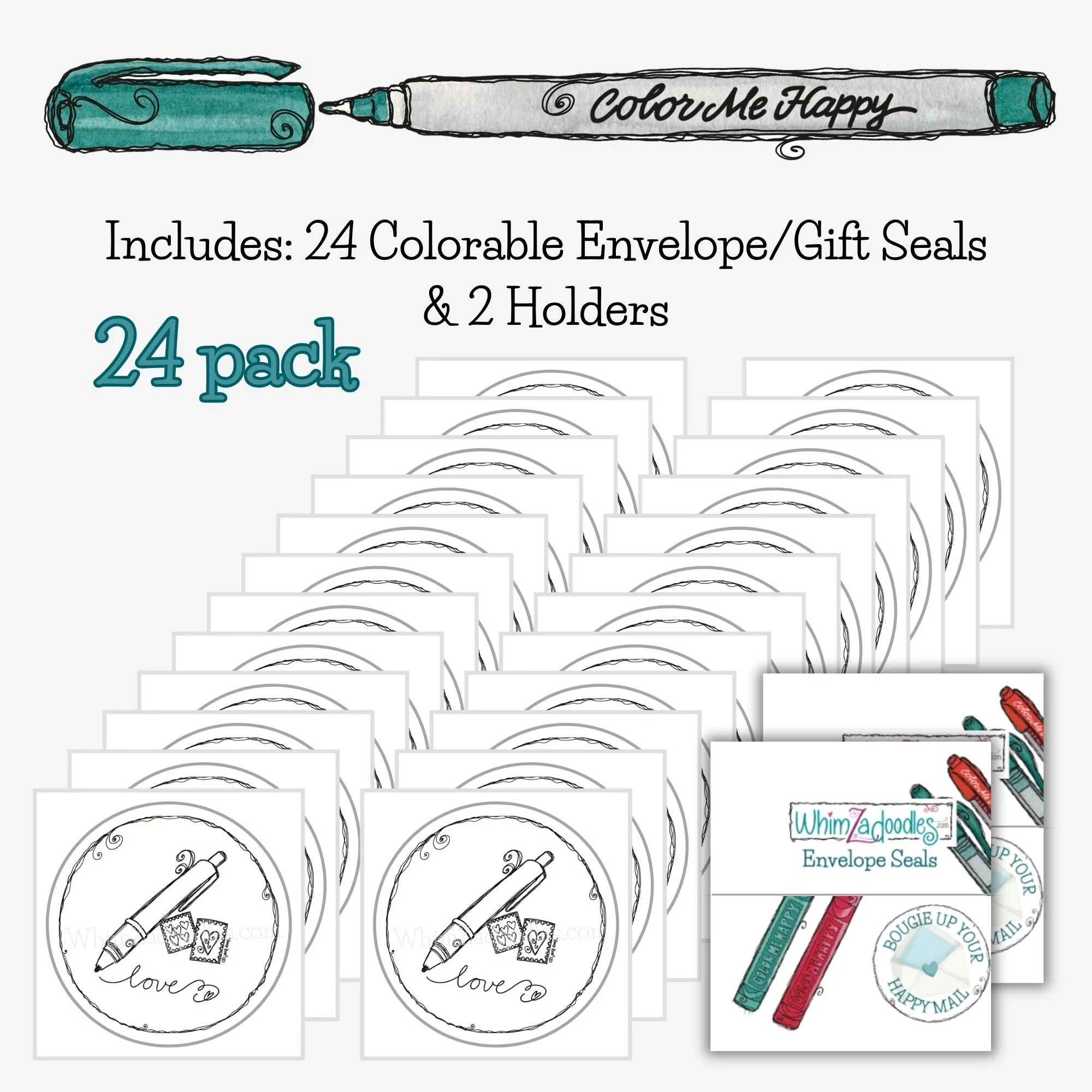 Twenty-four pen and postage envelope seals in bulk with love script and stamp design, perfect for packaging, planners, and correspondence