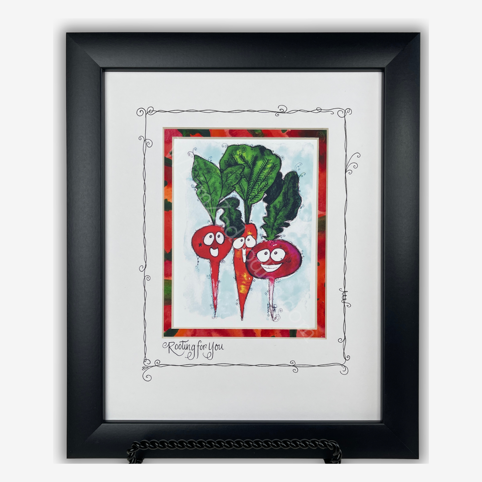 Rooting for You watercolor root vegetable art in a matte-black frame with colorful hand-painted mat and hand-doodled details.