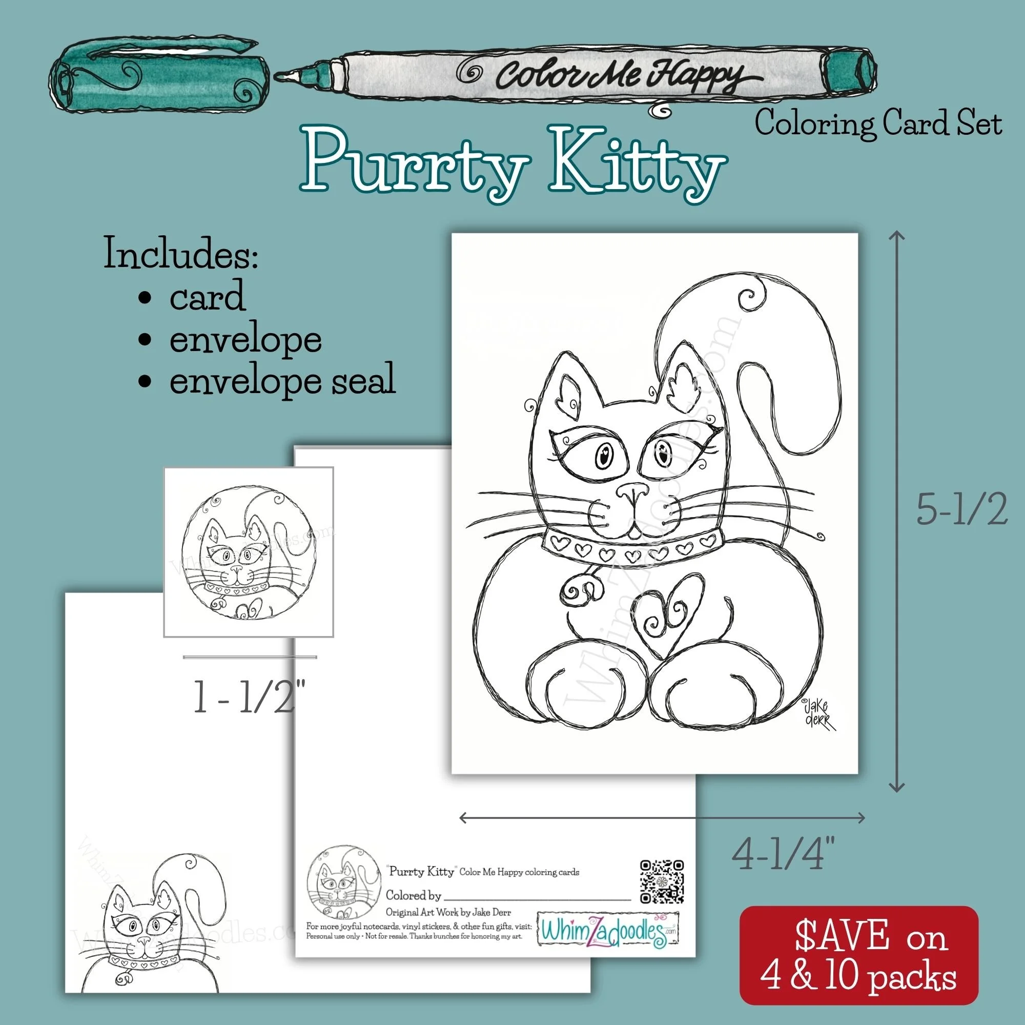 Color-your-own cat seals designed to coordinate with the Purrty Kitty Color Me Happy greeting card collection.