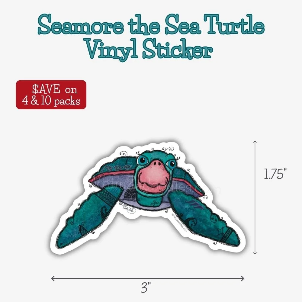Waterproof vinyl sticker featuring whimsical watercolor sea turtle Seamore for water bottles, laptops, journals, and ocean lovers.