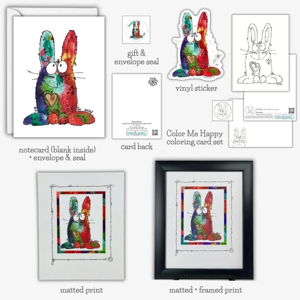 Fuzzy Bunny watercolor rabbit gift collection featuring notecards, vinyl stickers, gift seals, matted and framed prints, and Color Me Happy coloring cards.