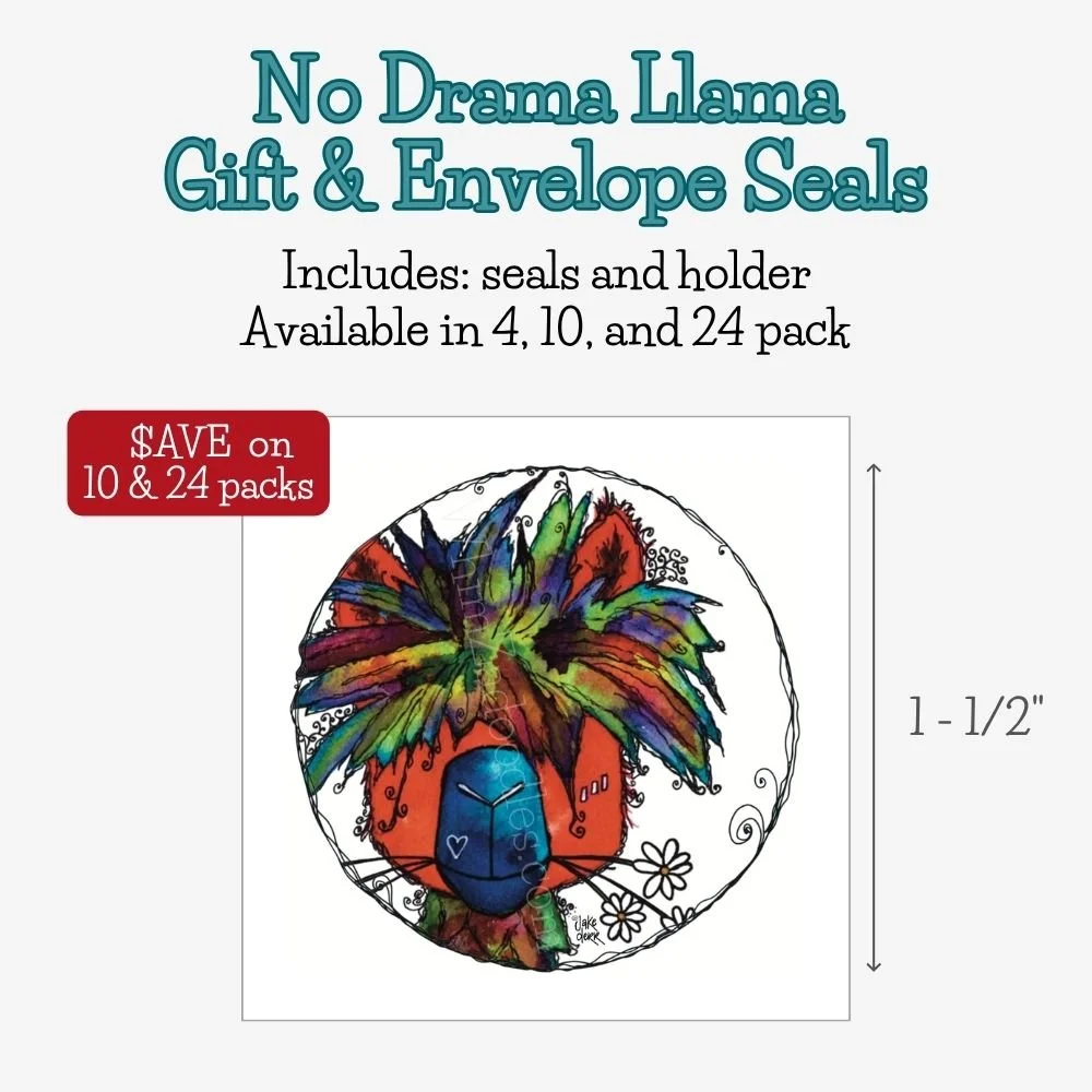 Round No Drama Llama envelope and gift seal featuring playful watercolor llama artwork that adds a cheerful finishing touch to gifts, cards, and packages.