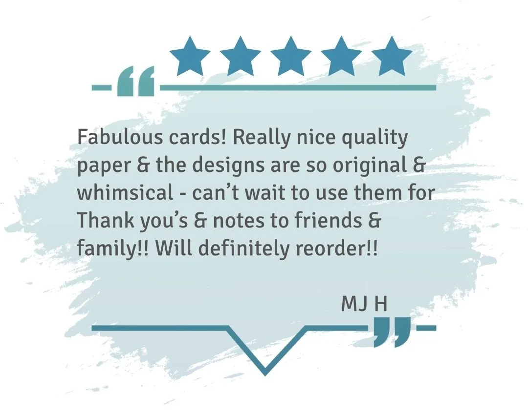 Five-star review describing high-quality paper cards with original whimsical designs perfect for thank you notes and everyday connection