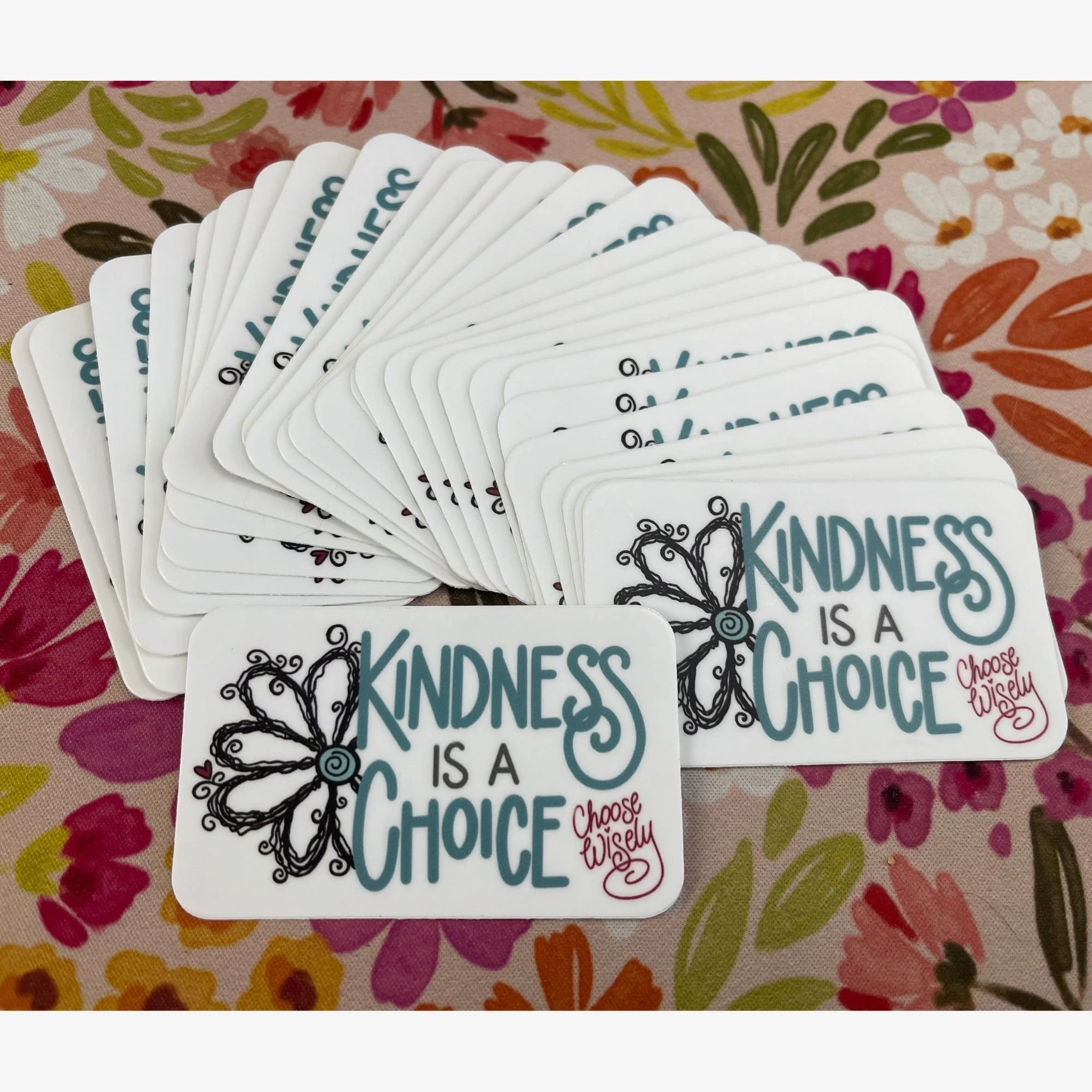 Multiple Kindness Is a Choice Choose Wisely WhimZaDaisy vinyl stickers fanned across a desk, ready for Happy Mail, gifts, journals, and everyday encouragement.