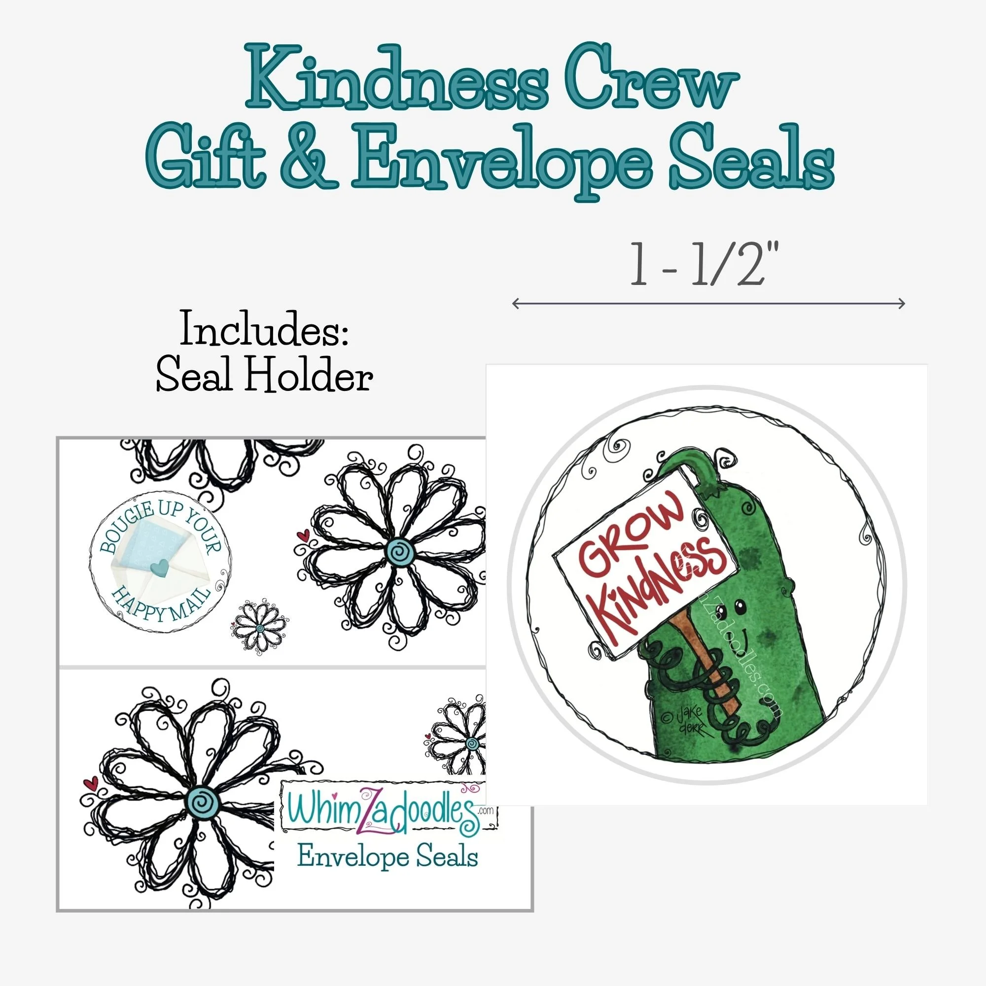 Cultivating Kindness Crew envelope seals with branded holder and size details for gift packaging