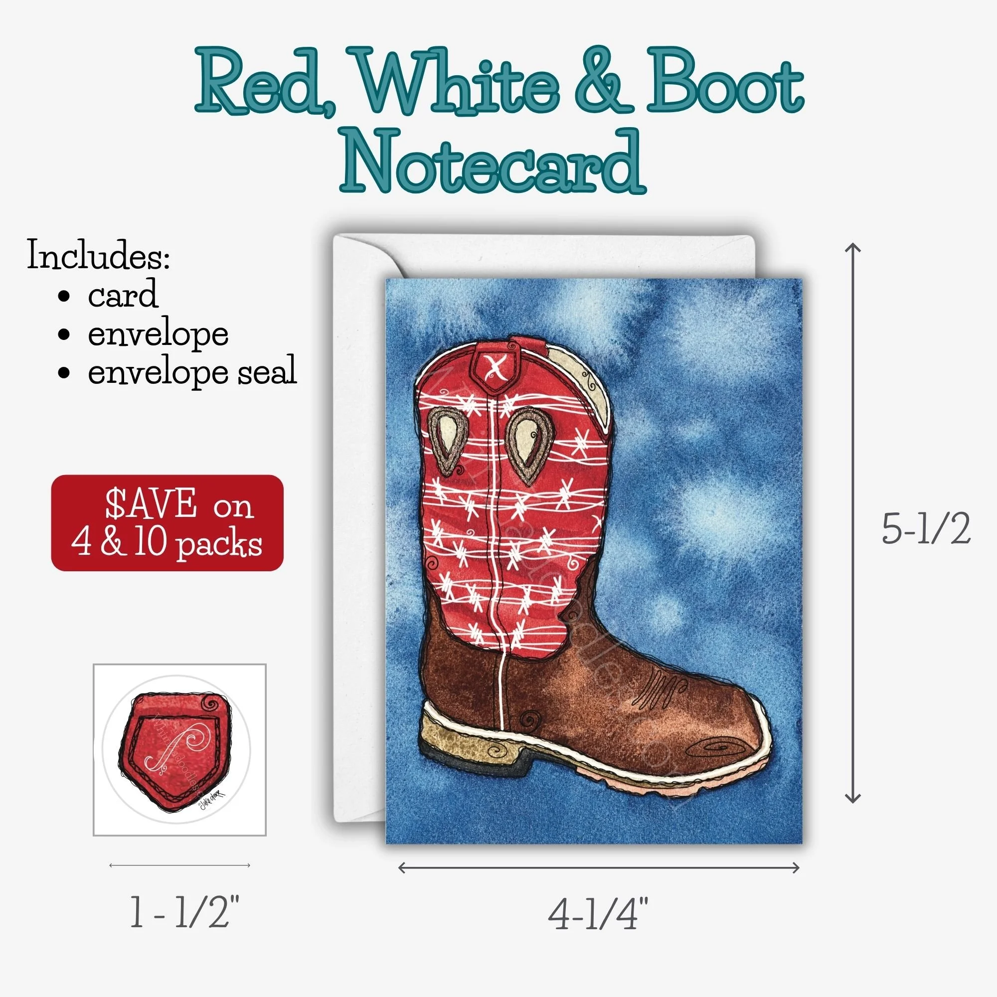 Blank notecard featuring a whimsical watercolor cowboy boot with playful doodled details and western-inspired charm.