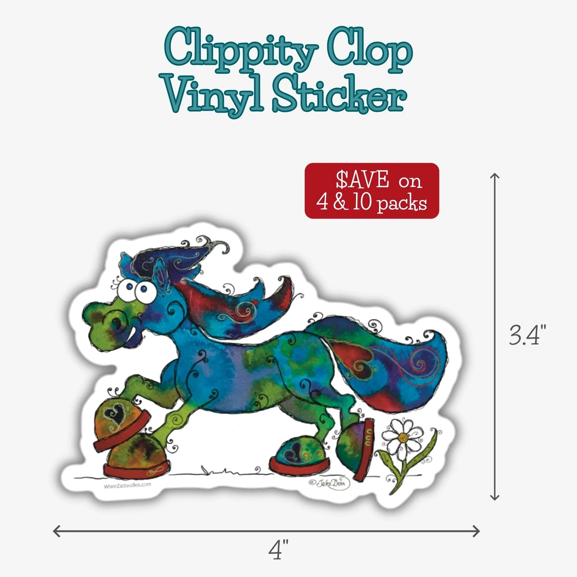 4-inch waterproof vinyl sticker featuring Clippity Clop the whimsical watercolor horse, shown with size information for easy product comparison and gift shopping.