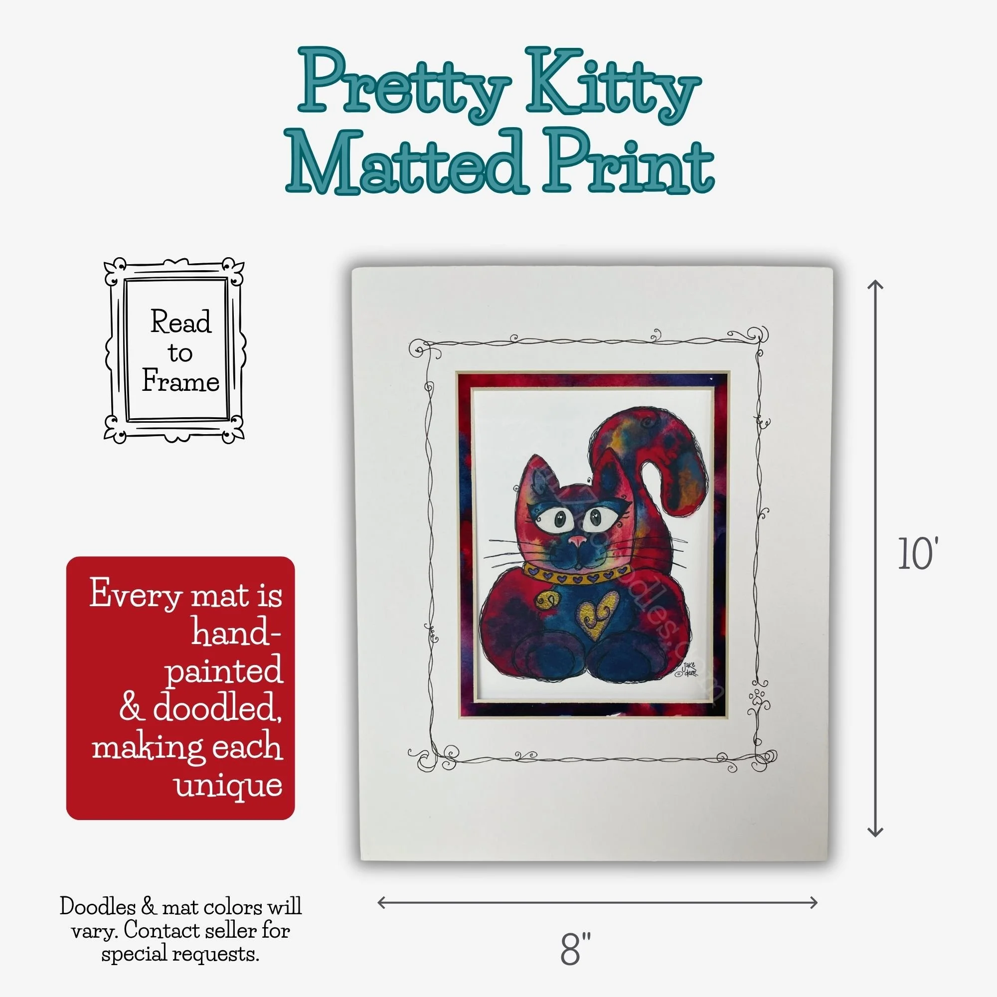 Pretty Kitty watercolor cat art matted and ready to frame, with dimensions and hand-painted blue, red and gold mat