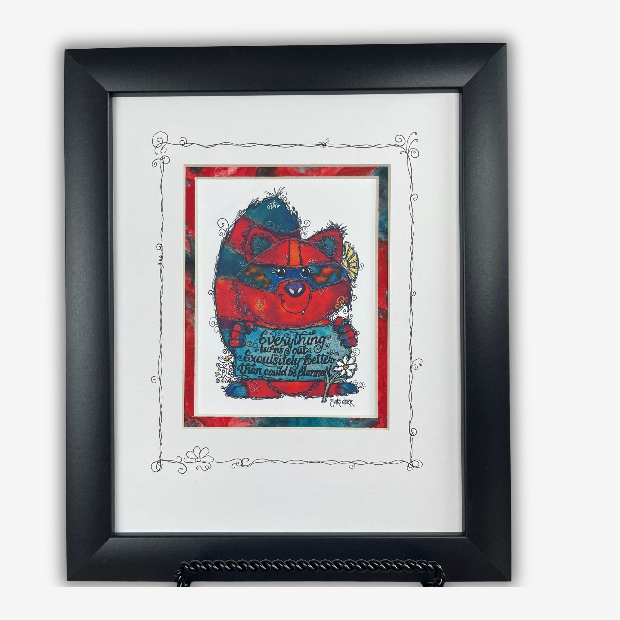 Fang raccoon watercolor art matted and framed, with turquoise and red hand-painted mat details and hand-doodled white top mat.