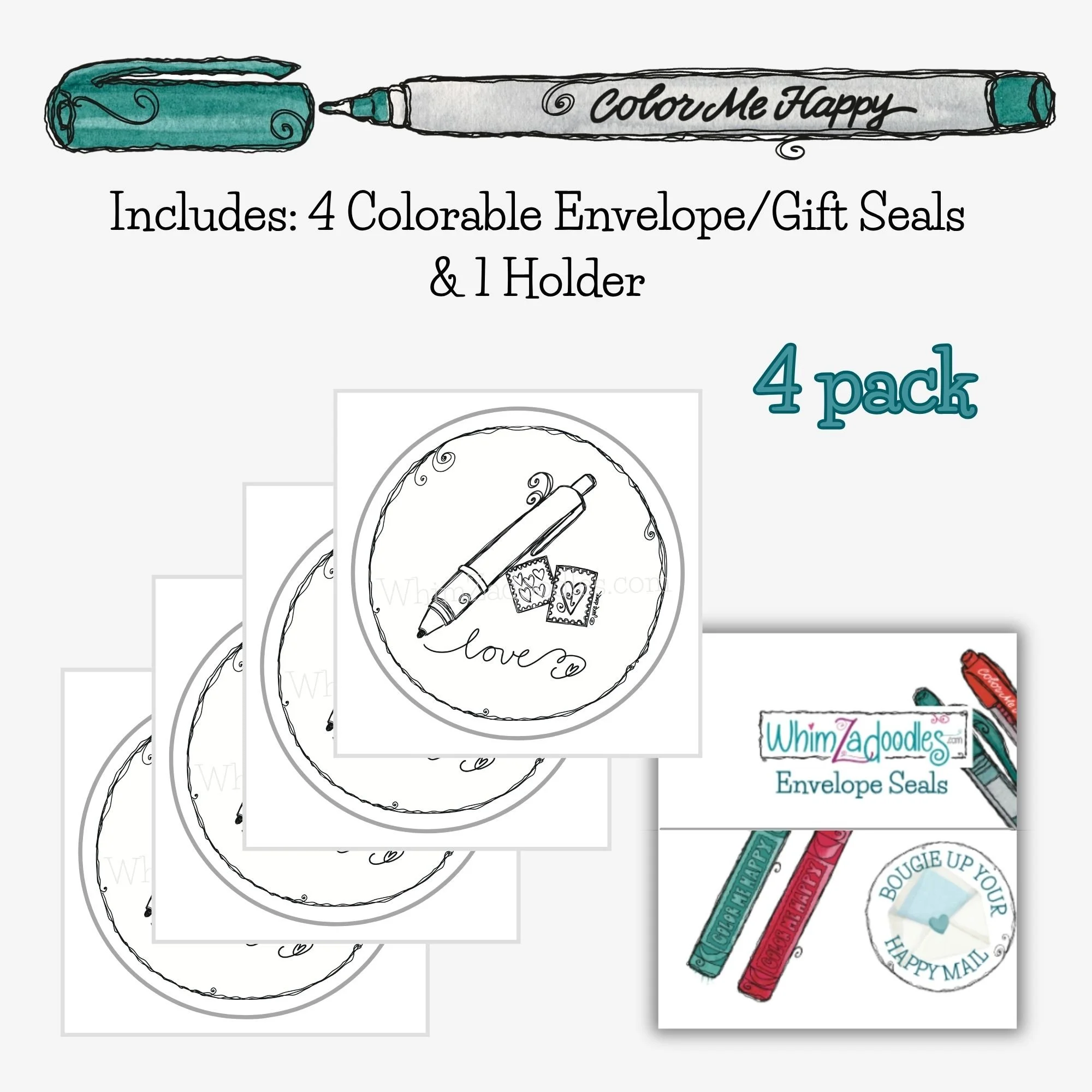 Four individual decorative envelope seals featuring hand drawn pen and heart stamp artwork