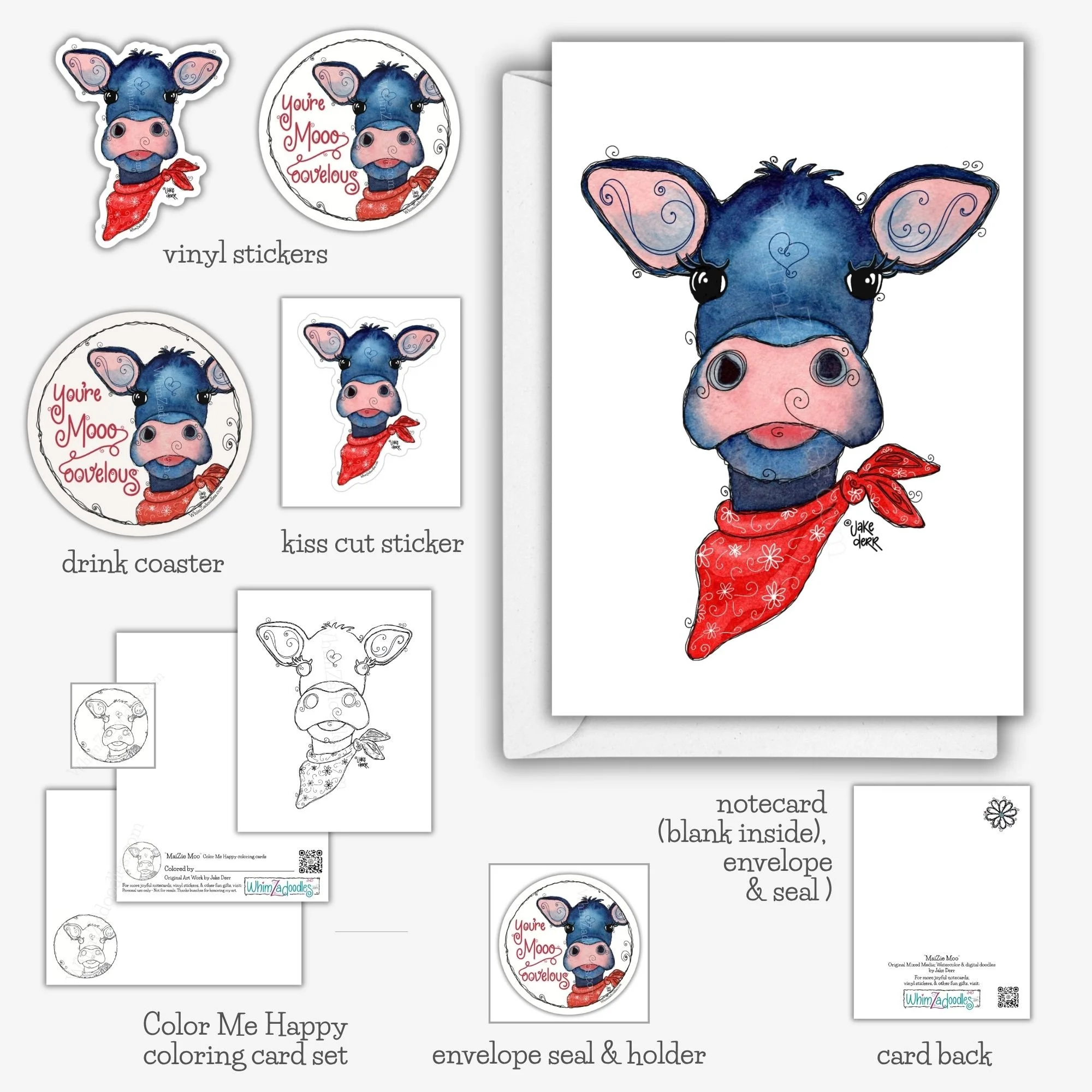 MaiZie Moo watercolor calf collection featuring notecards, stickers, drink coasters, coloring cards, and envelope seals with whimsical farm-inspired artwork.