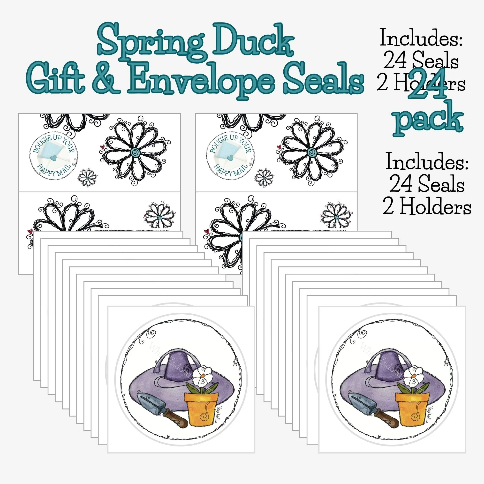 Pack of twenty four envelope seals featuring purple sun hat, daisy, and gardening trowel artwork