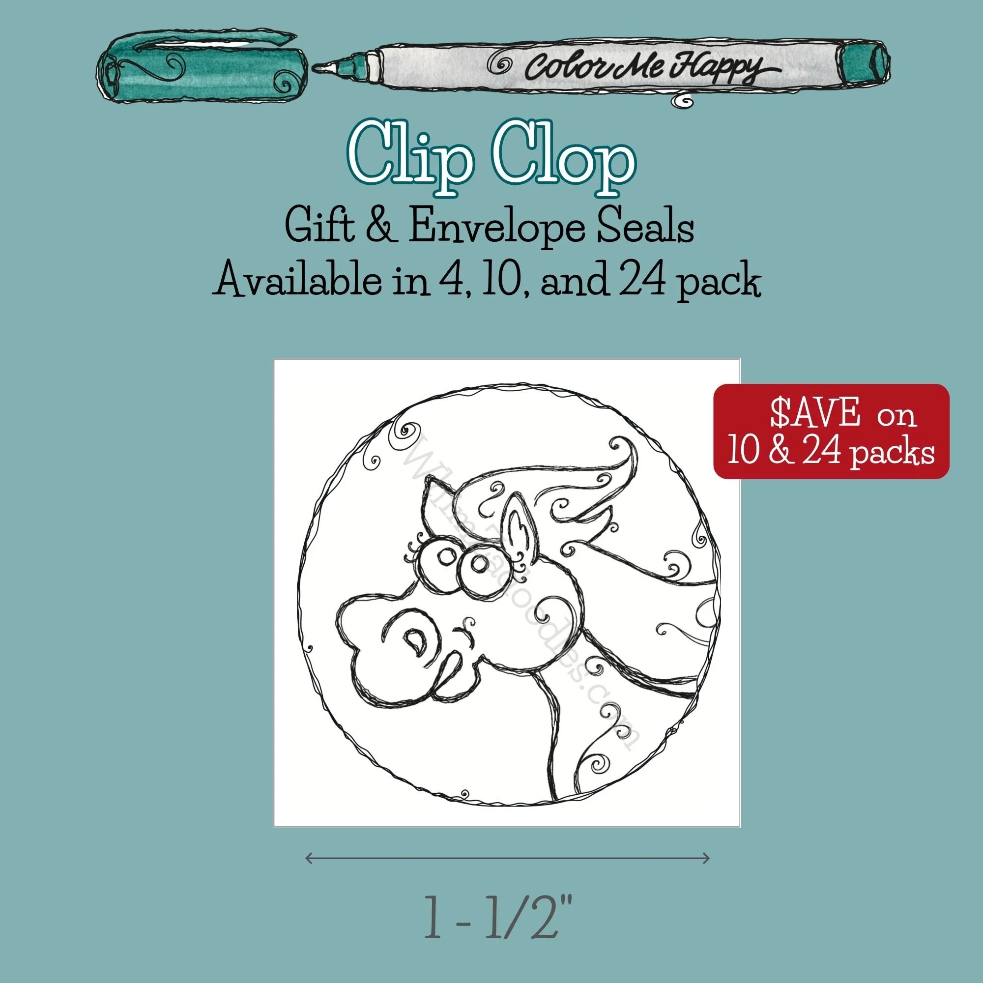 Colorable horse-themed envelope and gift seals featuring the Clip Clop illustration for decorating cards, gifts, and happy mail.