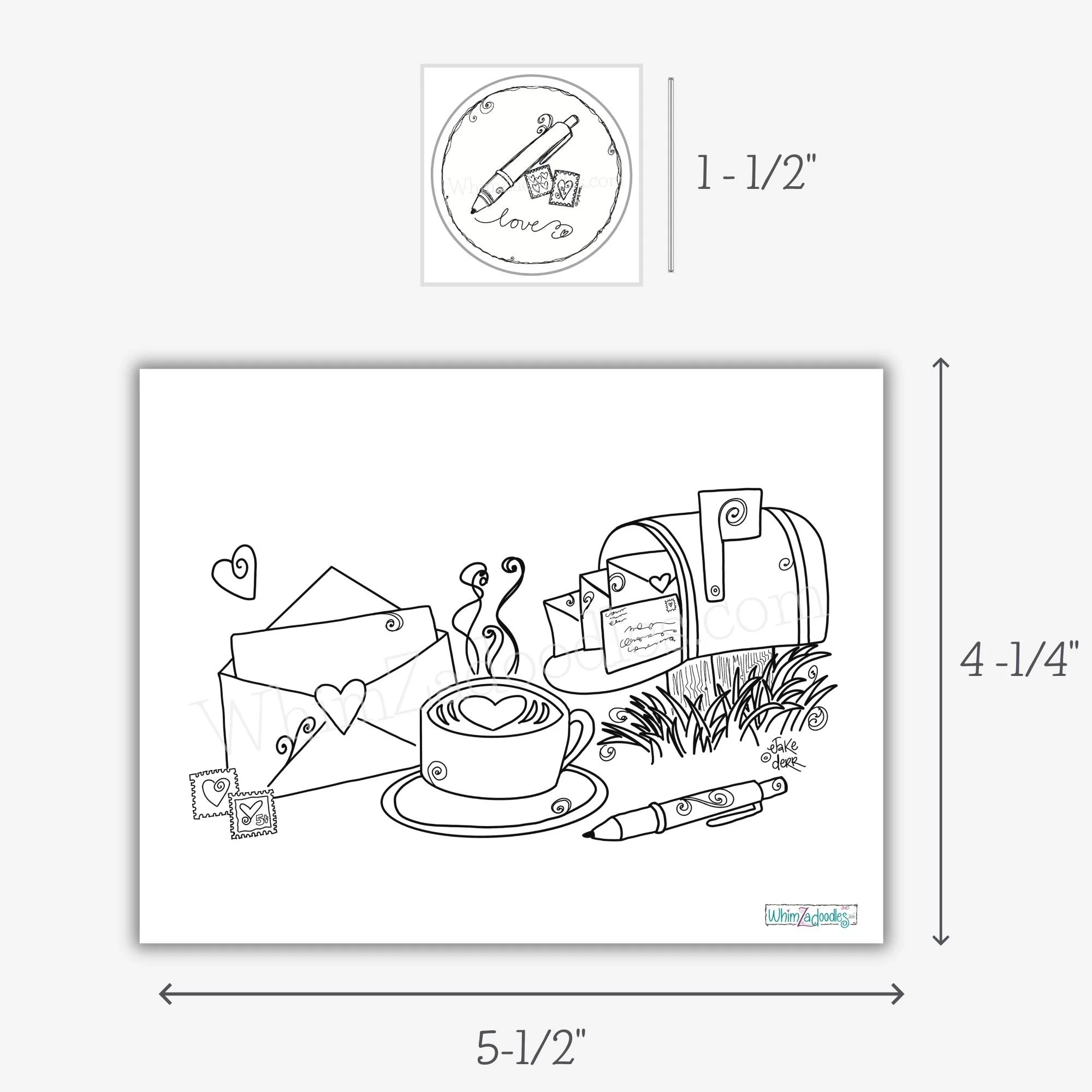 Sizing guide showing dimensions of coloring card and round envelope seal with labeled measurements for each piece