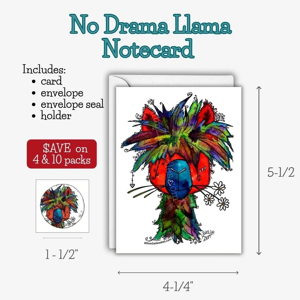 Blank No Drama Llama watercolor greeting card with whimsical llama artwork for encouragement, friendship, birthdays, thank you notes, and everyday happy mail.