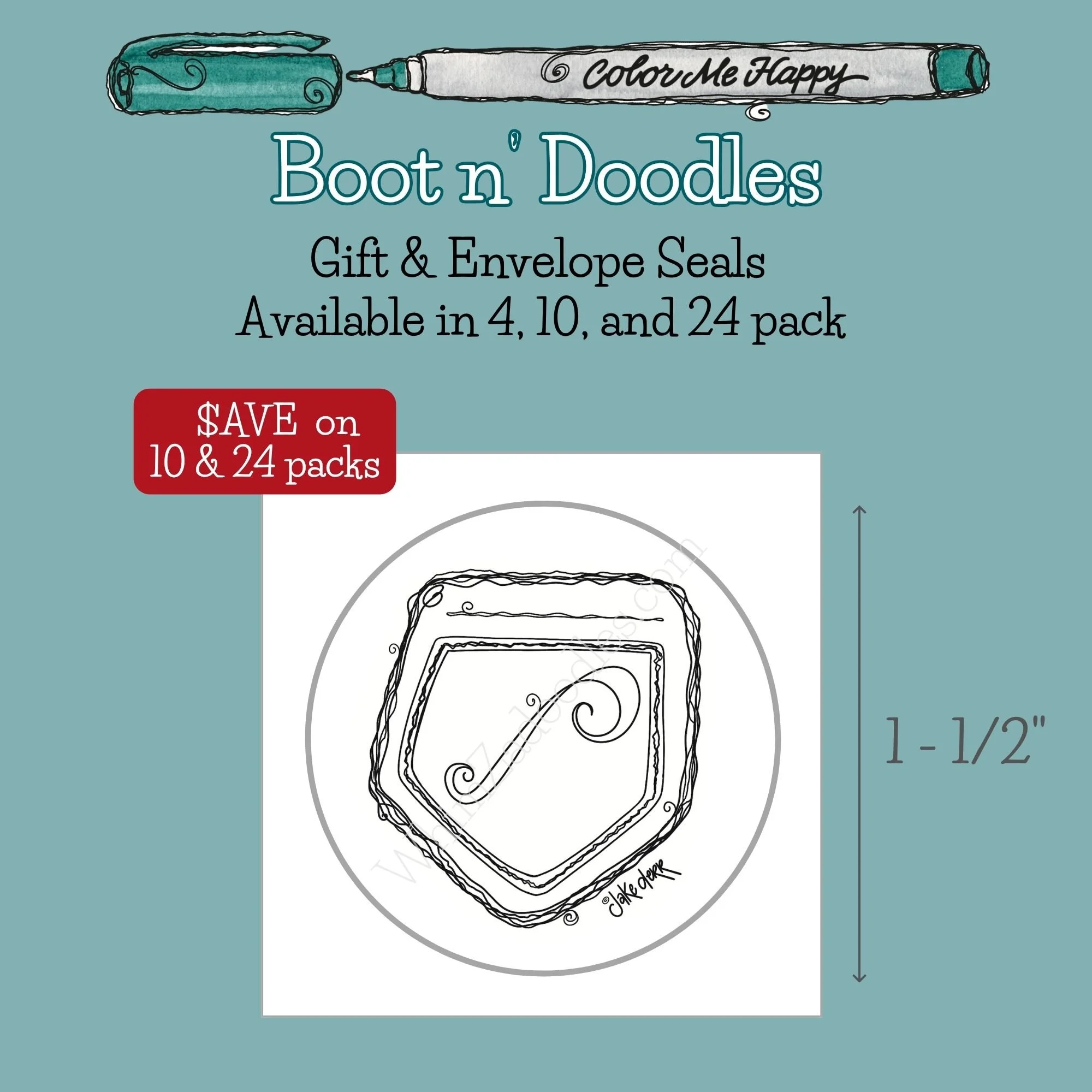 Black and white Color Me Happy envelope seal featuring a doodled cowboy boot pull loop ready to color.