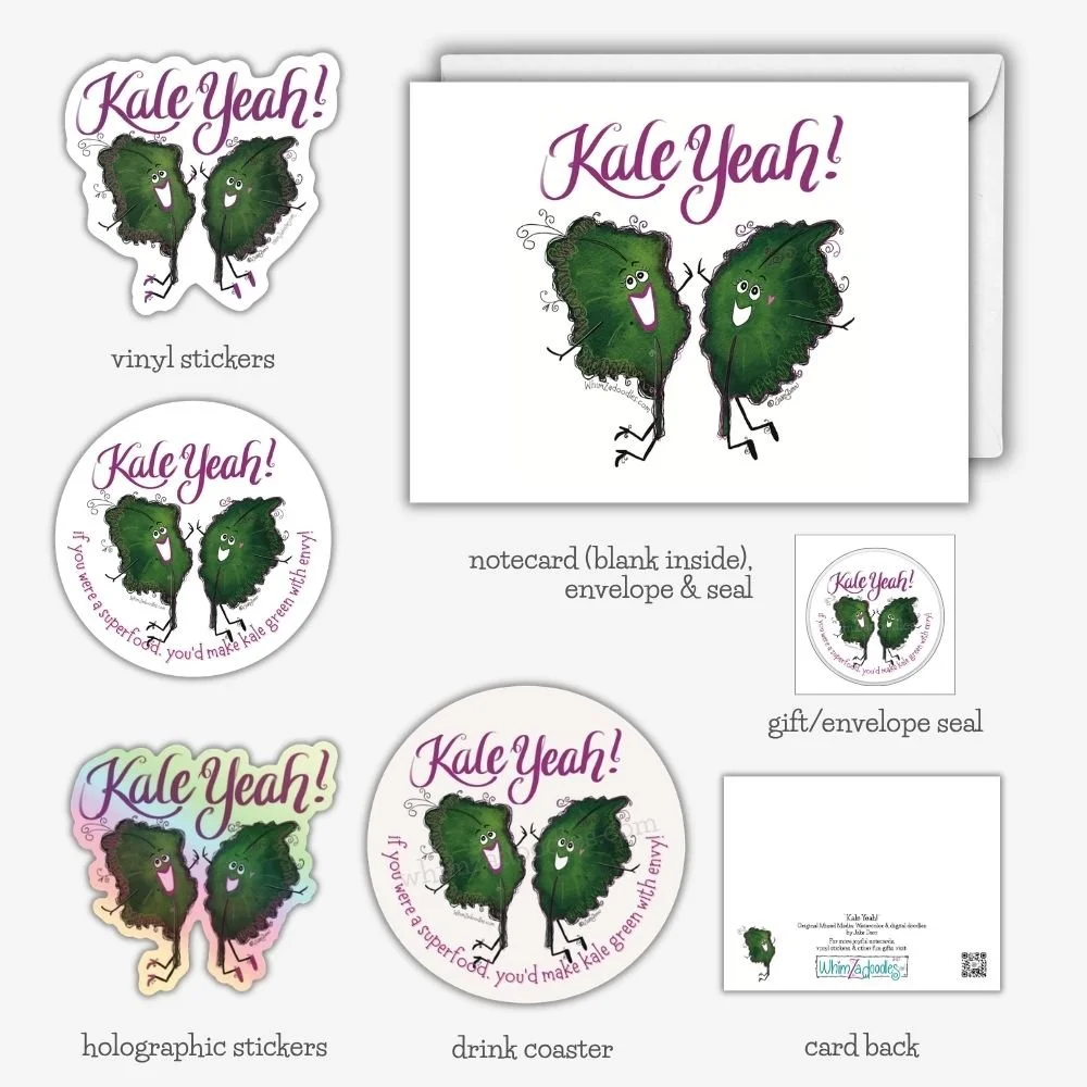 Kale Yeah watercolor collection featuring cheerful kale artwork on notecards, stickers, gift seals, and encouraging gifts from WhimZadoodles.